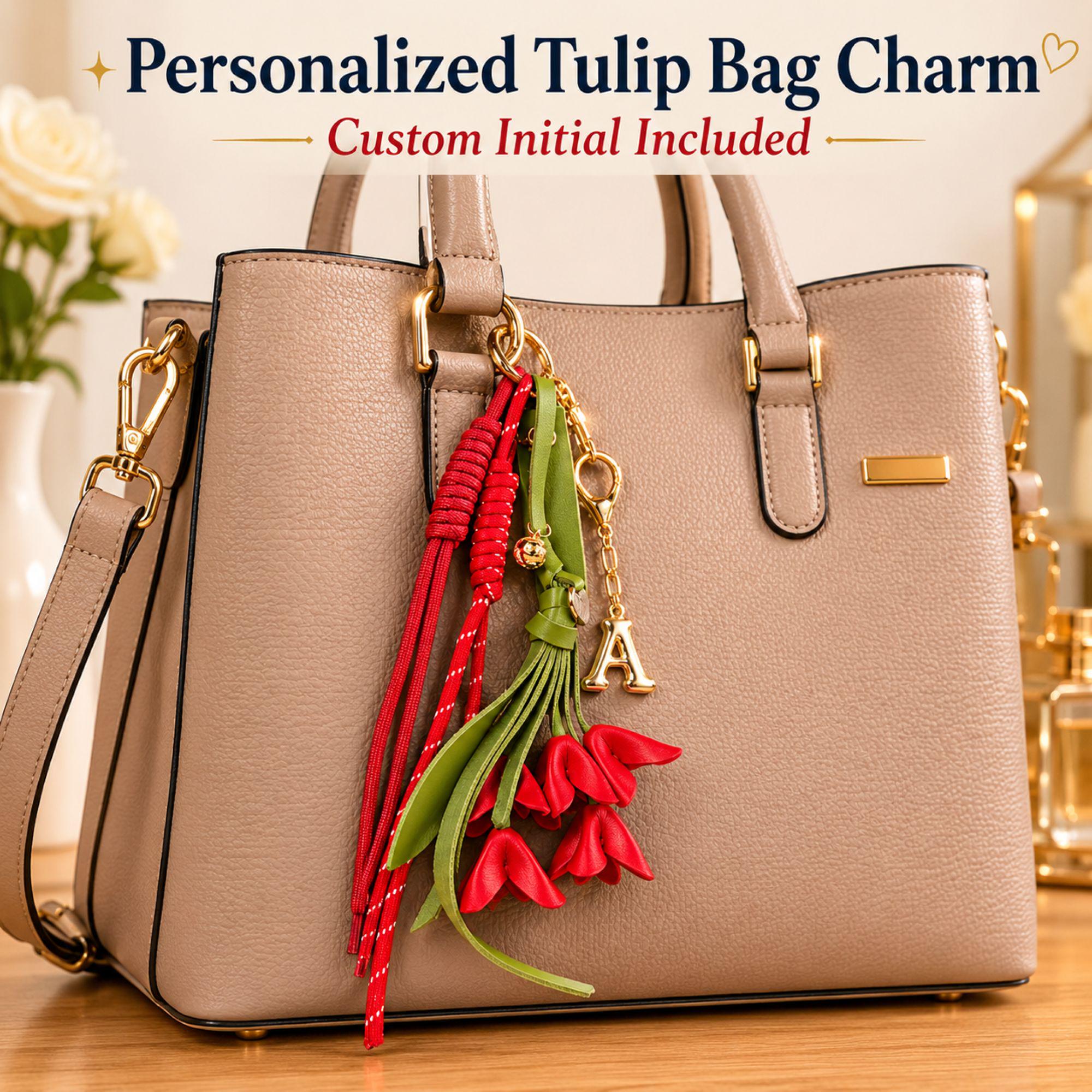 red tulip bag charm, floral purse charm, personalized initial keychain, handbag accessory for women, red flower keychain, tulip handbag charm, tote bag accessory, backpack charm, custom initial charm, gift for mom, gift for sister, gift for friend, floral bag decoration, boutique handbag accessory, red tulip keychain, personalized purse charm, cute bag charm, fashionable handbag accessory, women's bag charm, floral gift for her