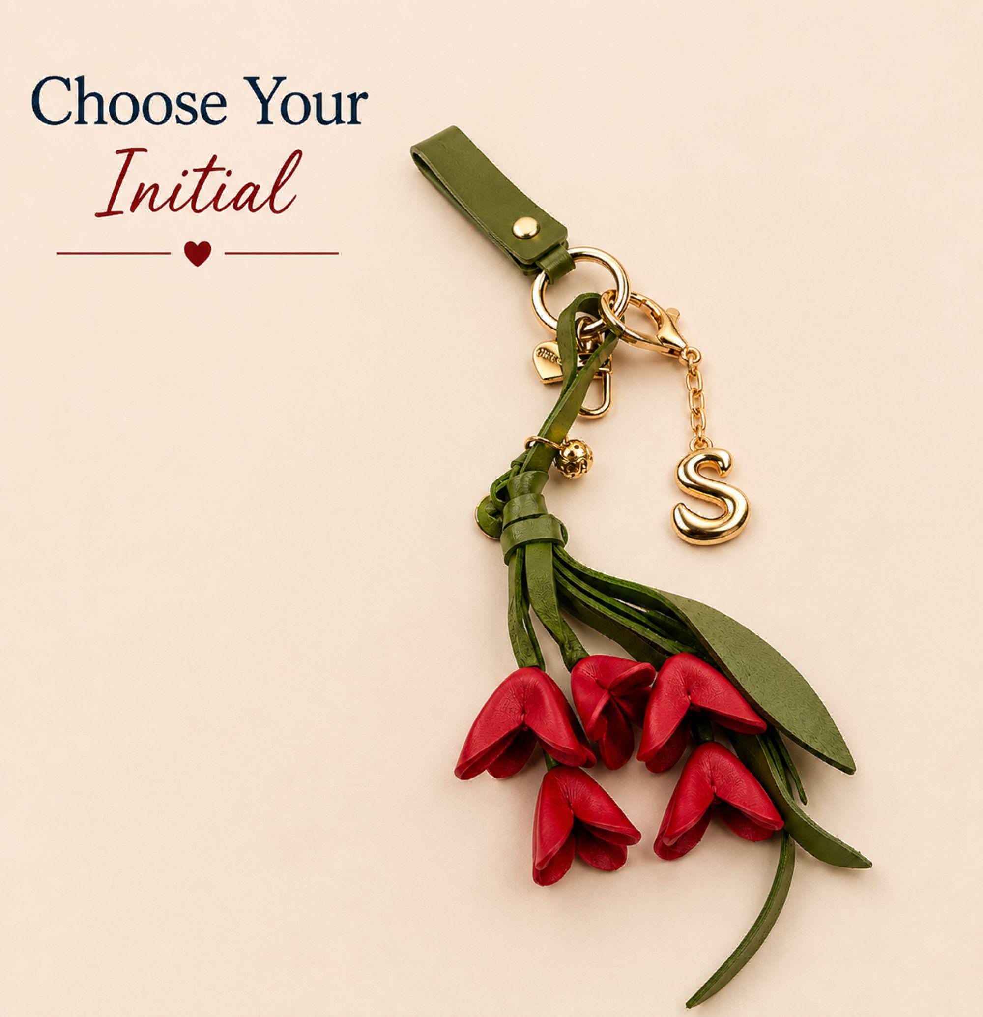 red tulip bag charm, floral purse charm, personalized initial keychain, handbag accessory for women, red flower keychain, tulip handbag charm, tote bag accessory, backpack charm, custom initial charm, gift for mom, gift for sister, gift for friend, floral bag decoration, boutique handbag accessory, red tulip keychain, personalized purse charm, cute bag charm, fashionable handbag accessory, women's bag charm, floral gift for her
