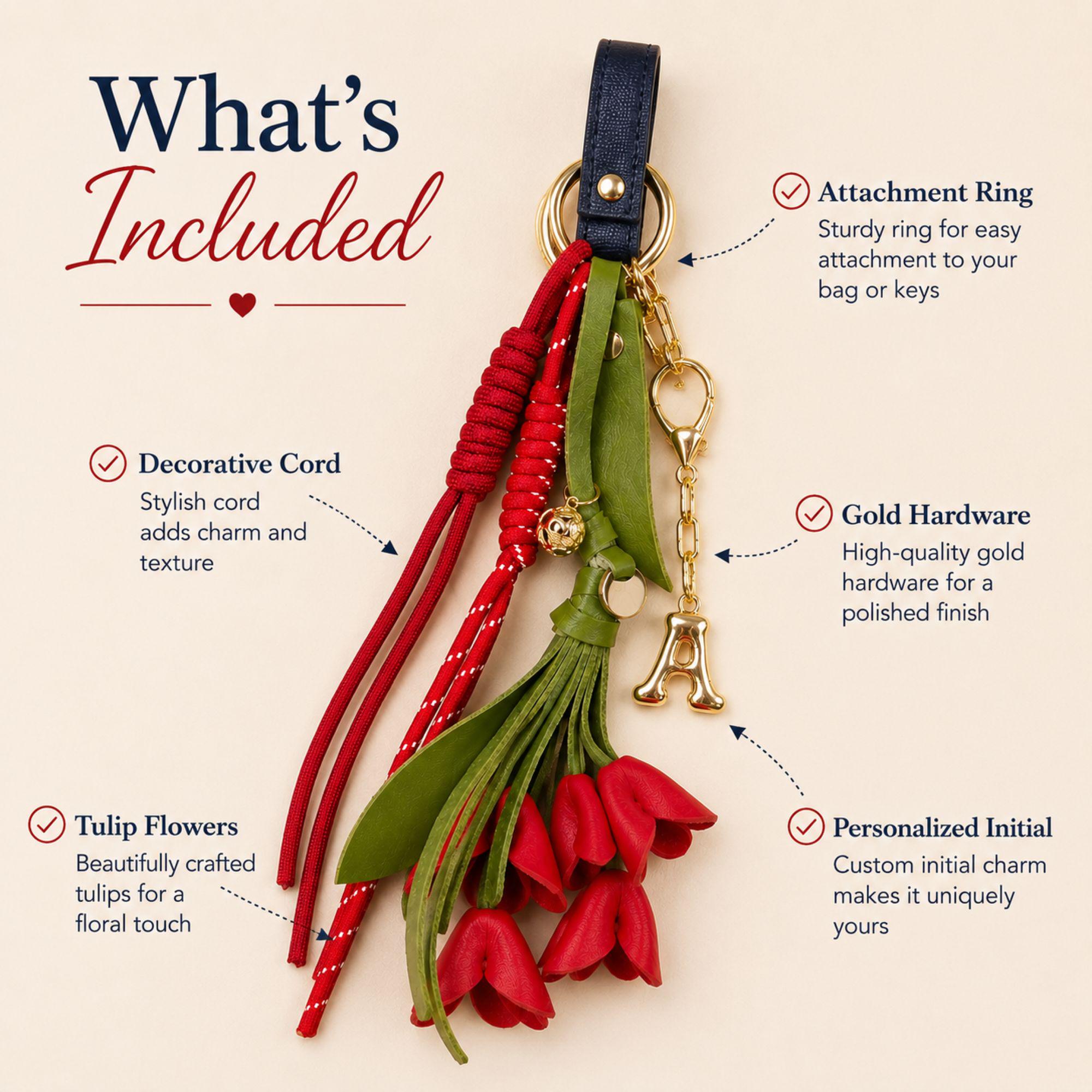 red tulip bag charm, floral purse charm, personalized initial keychain, handbag accessory for women, red flower keychain, tulip handbag charm, tote bag accessory, backpack charm, custom initial charm, gift for mom, gift for sister, gift for friend, floral bag decoration, boutique handbag accessory, red tulip keychain, personalized purse charm, cute bag charm, fashionable handbag accessory, women's bag charm, floral gift for her