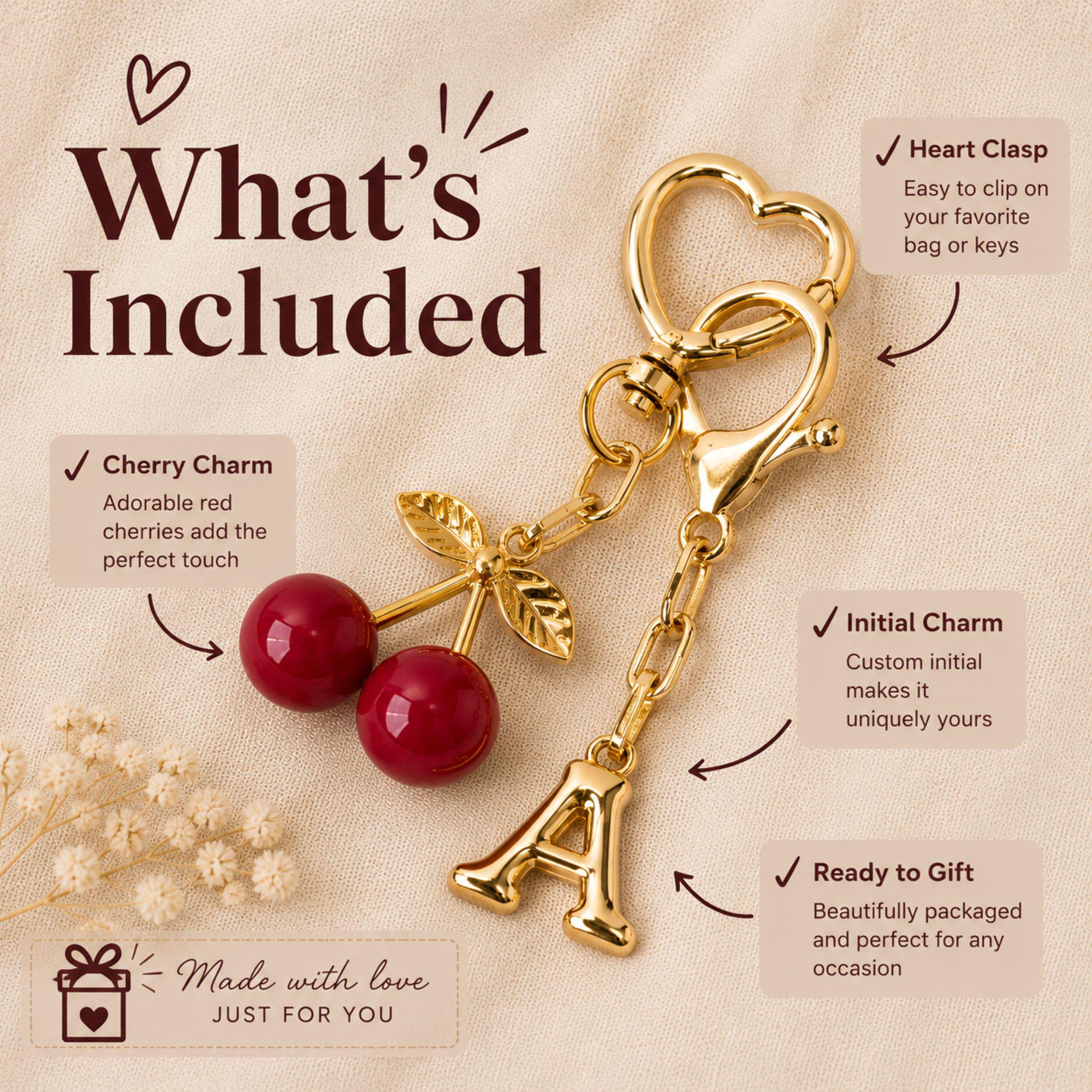 personalized cherry bag charm with initial letter, custom cherry keychain for women, red cherry purse charm, gold handbag accessory, cute bag charm for tote bag, aesthetic cherry keychain, custom initial purse charm, gift for her, sister gift, best friend gift, teen girl gift, personalized handbag accessory, trendy cherry charm, coquette bag charm, red cherry keyring, custom letter keychain, fashionable purse accessory, handmade gift, boutique bag charm, luxury handbag charm