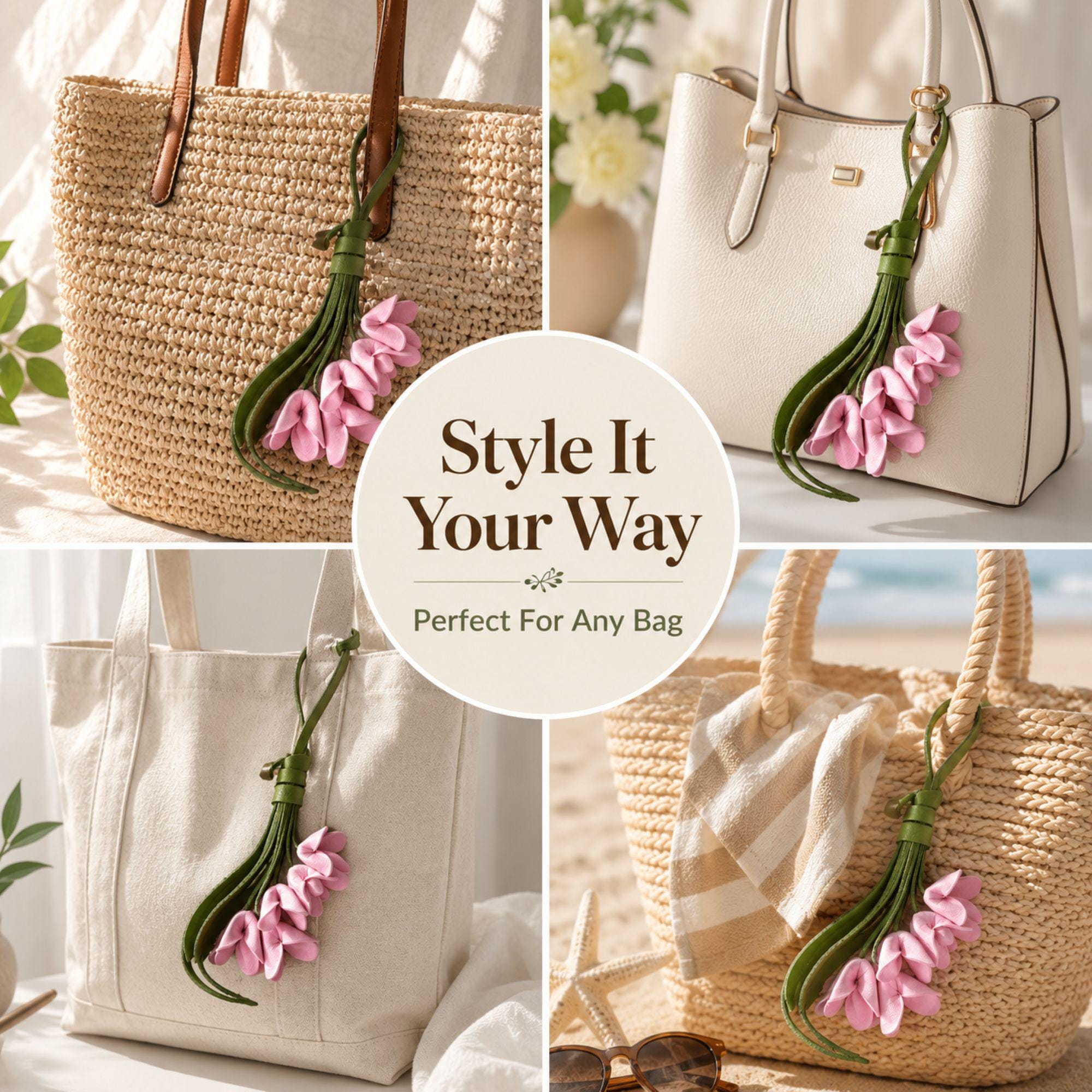 Handmade leather flower bag charm featuring five pink leather flowers, olive green leather tassel, and gold hardware attached to a woven straw tote bag. Floral purse charm designed for handbags, tote bags, beach bags, canvas bags, backpacks, and travel bags. Lightweight bag accessory and floral keychain that adds a feminine boho touch to everyday style. Perfect flower purse charm, tote bag charm, handbag decoration, summer bag accessory, gift for women, mom, sister, daughter, friend, bridesmaid.