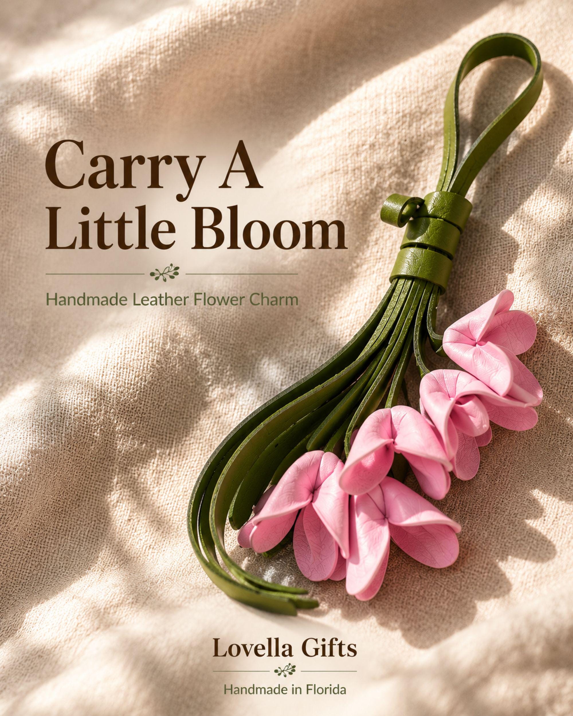 Handmade leather flower bag charm featuring five pink leather flowers, olive green leather tassel, and gold hardware attached to a woven straw tote bag. Floral purse charm designed for handbags, tote bags, beach bags, canvas bags, backpacks, and travel bags. Lightweight bag accessory and floral keychain that adds a feminine boho touch to everyday style. Perfect flower purse charm, tote bag charm, handbag decoration, summer bag accessory, gift for women, mom, sister, daughter, friend, bridesmaid.