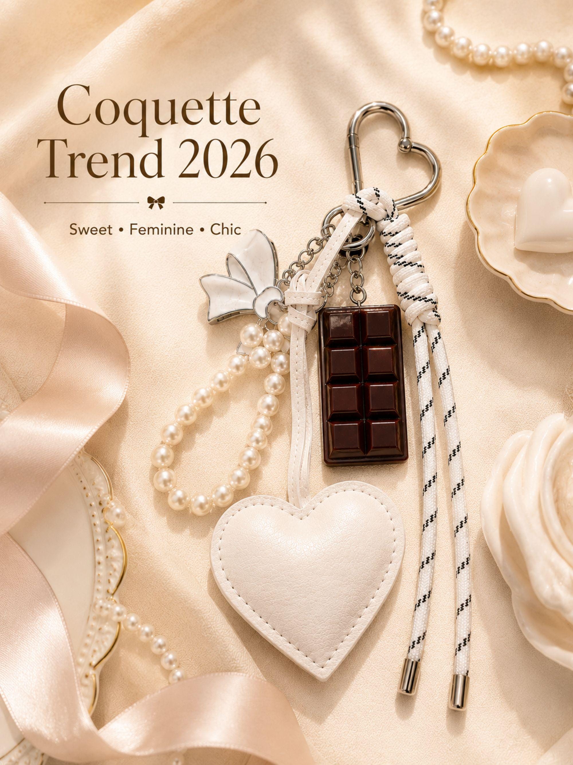 Heart bag charm featuring a white heart charm, pearl keychain loop, silver bow charm, chocolate charm and rope tassel attached to a luxury handbag. Coquette bag charm inspired by Y2K fashion, kawaii accessories and trendy purse charms. Decorative handbag accessory designed for tote bags, purses, shoulder bags, backpacks, canvas totes and beach bags. Cute statement bag charm for women and teen girls. Fashion keychain accessory perfect for everyday handbags, summer totes personalized purse styling