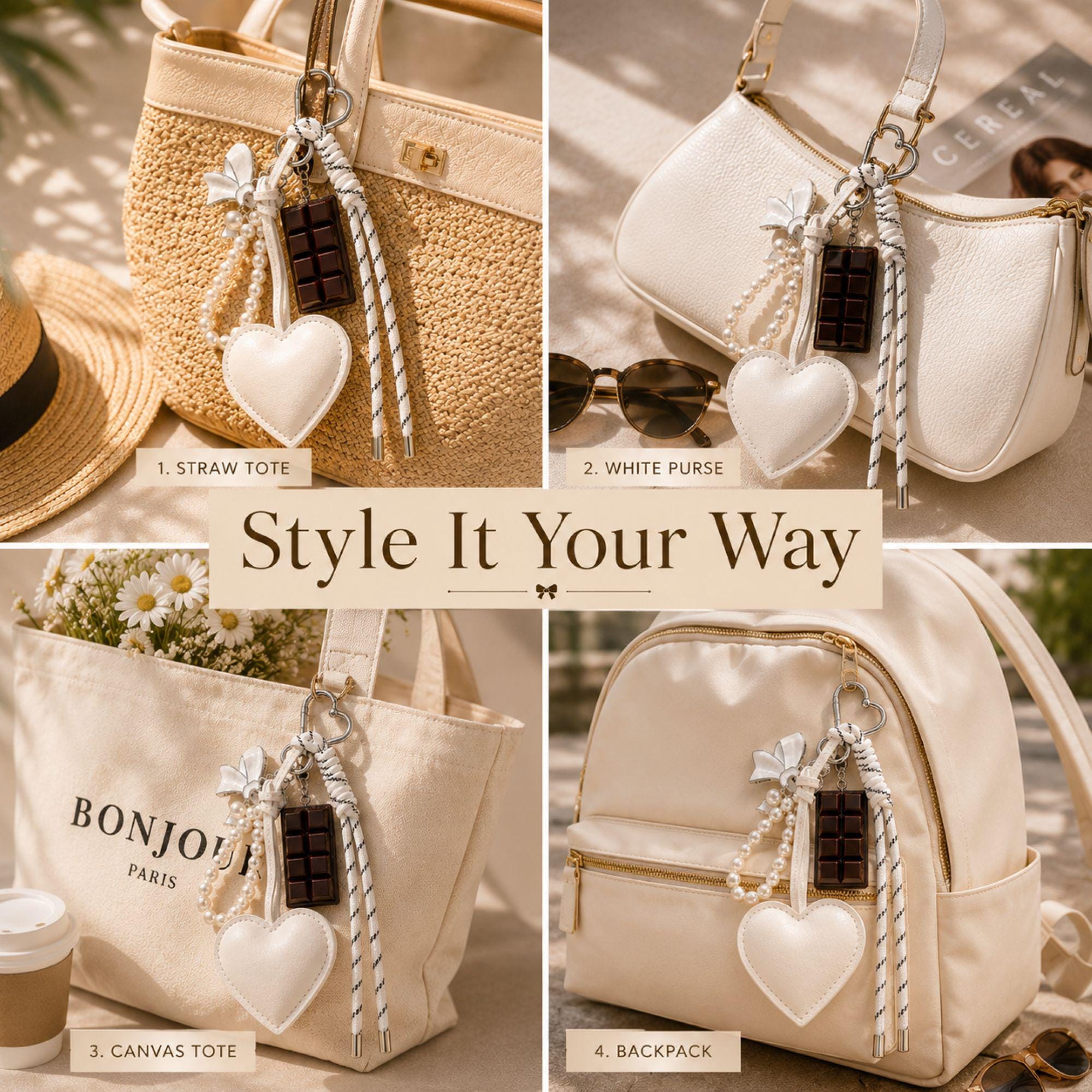Heart bag charm featuring a white heart charm, pearl keychain loop, silver bow charm, chocolate charm and rope tassel attached to a luxury handbag. Coquette bag charm inspired by Y2K fashion, kawaii accessories and trendy purse charms. Decorative handbag accessory designed for tote bags, purses, shoulder bags, backpacks, canvas totes and beach bags. Cute statement bag charm for women and teen girls. Fashion keychain accessory perfect for everyday handbags, summer totes personalized purse styling