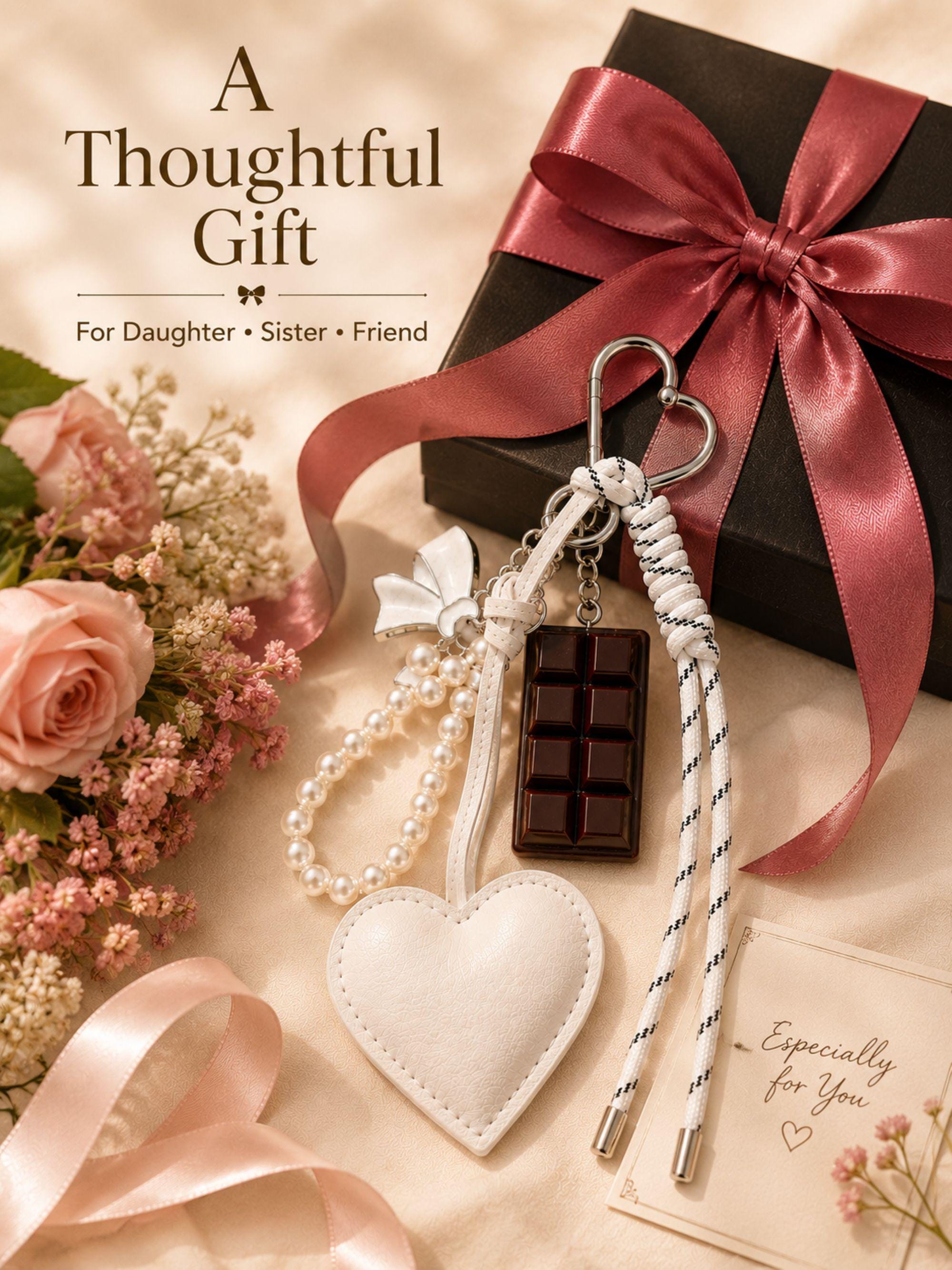 Heart bag charm featuring a white heart charm, pearl keychain loop, silver bow charm, chocolate charm and rope tassel attached to a luxury handbag. Coquette bag charm inspired by Y2K fashion, kawaii accessories and trendy purse charms. Decorative handbag accessory designed for tote bags, purses, shoulder bags, backpacks, canvas totes and beach bags. Cute statement bag charm for women and teen girls. Fashion keychain accessory perfect for everyday handbags, summer totes personalized purse styling