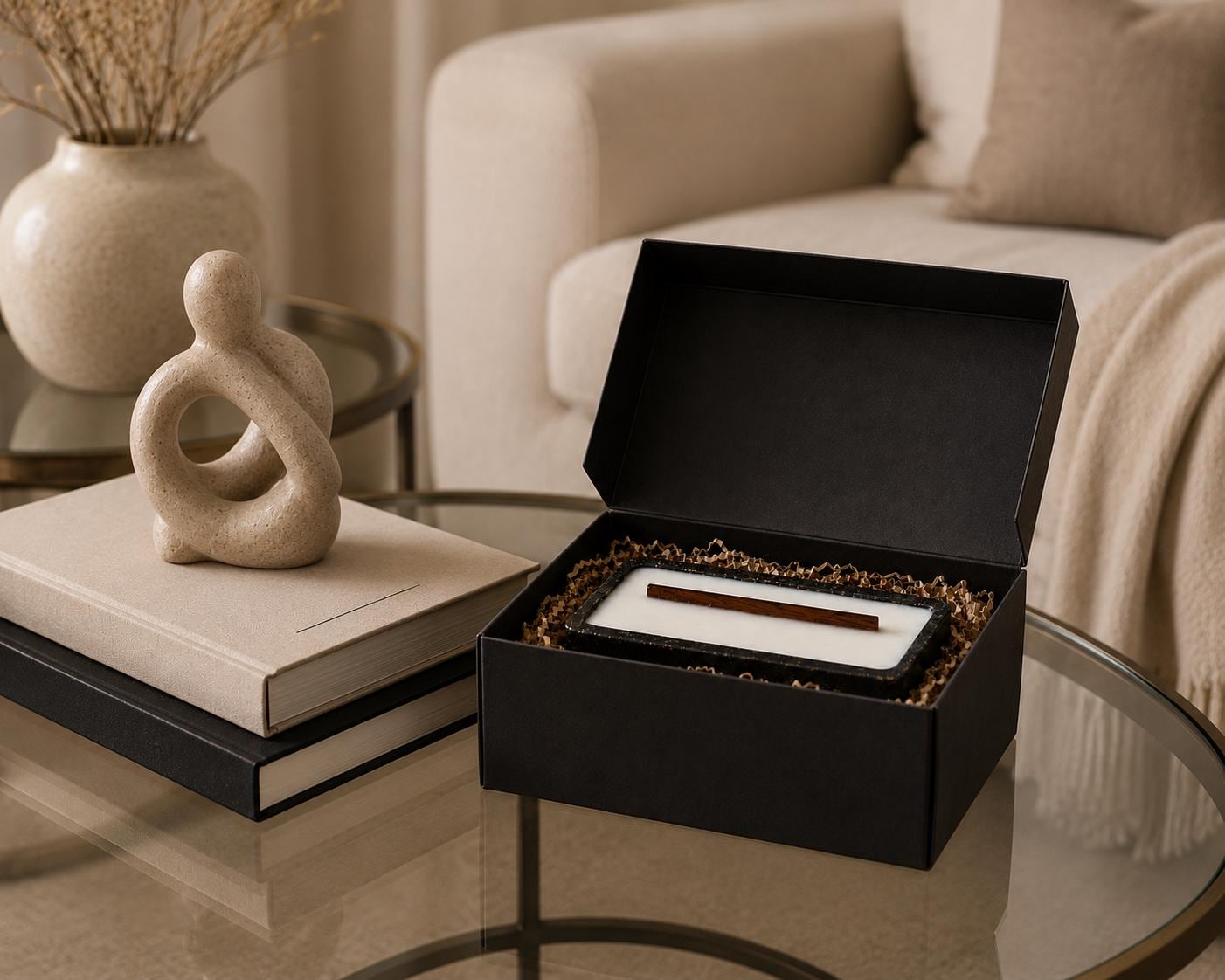 A luxurious decorative candle featuring a modern sculptural design, showcased on elegant stone slabs. This handmade artisan piece is perfect for home decor, housewarming gifts, coffee table accents, minimalist interiors, and adding a contemporary touch to any living room.