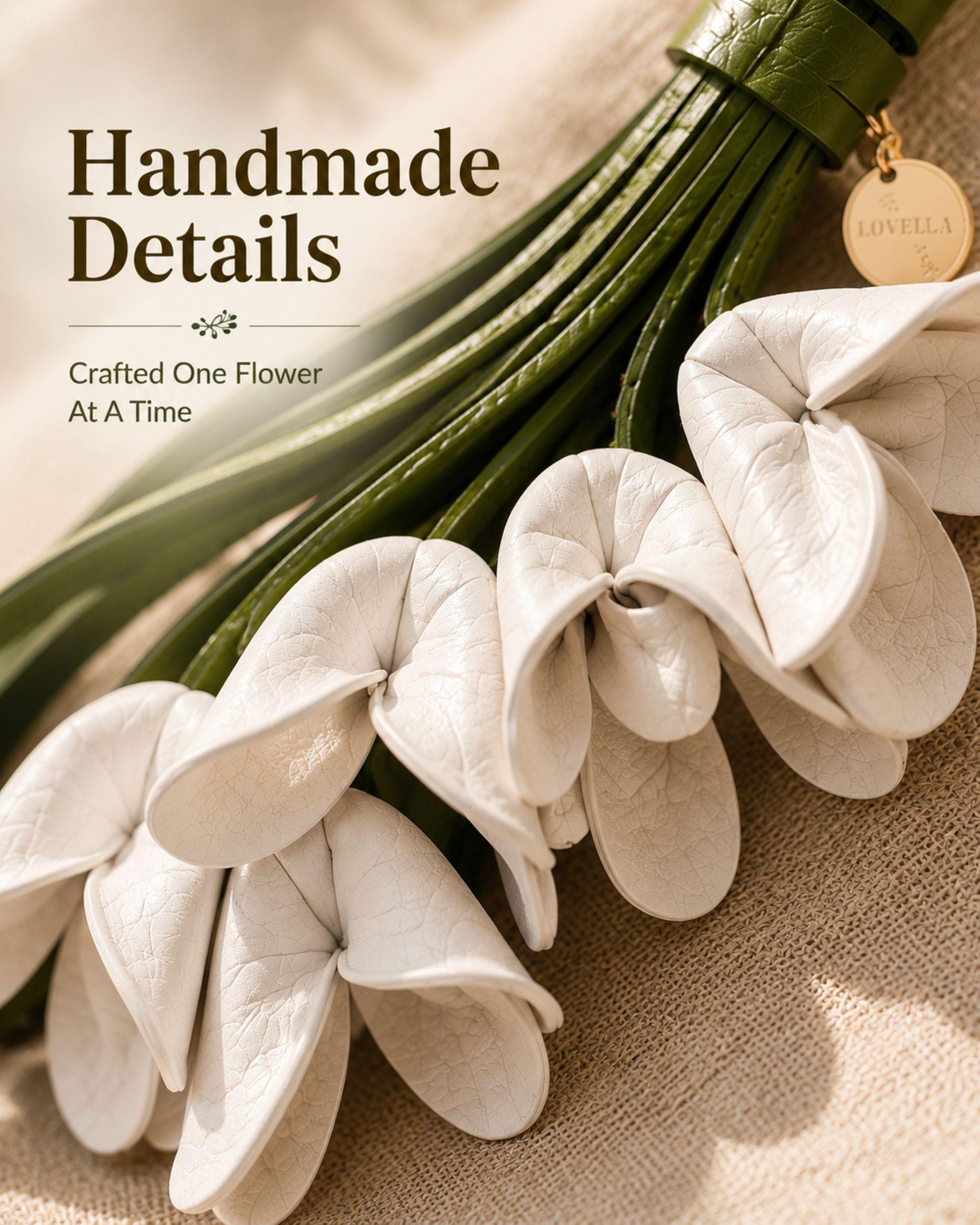 Handmade white flower bag charm featuring delicate white leather flowers attached to flowing green leather tassels with gold hardware. Floral purse charm designed for tote bags, handbags, backpacks, woven straw bags, beach bags, canvas totes, and everyday purses. Lightweight handbag accessory inspired by cottagecore, boho, feminine, and floral fashion trends. Unique gift for women, mom, sister, daughter, best friend, bridesmaid, and flower lovers.