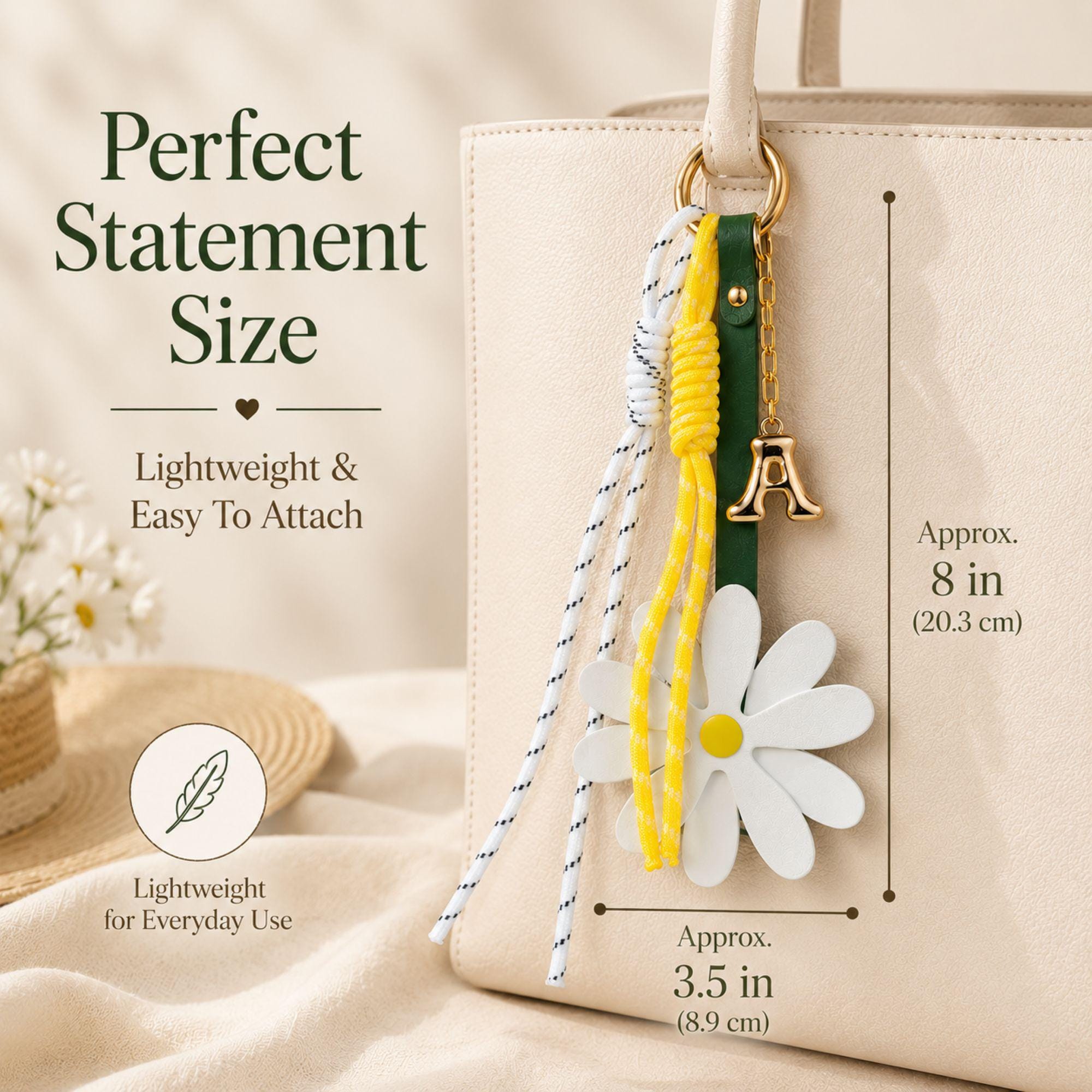 Handmade daisy bag charm with white flower charm, yellow center, personalized initial charm and decorative cord accents attached to a handbag. Flower purse charm designed for tote bags, shoulder bags, beach bags, straw bags, designer handbags and everyday purses. Trendy bag charm accessory inspired by the viral bag charm trend. Personalized handbag charm for women, teen girls, best friends and daughters. Summer bag accessory, preppy purse charm, coastal style handbag decoration and cute gift.