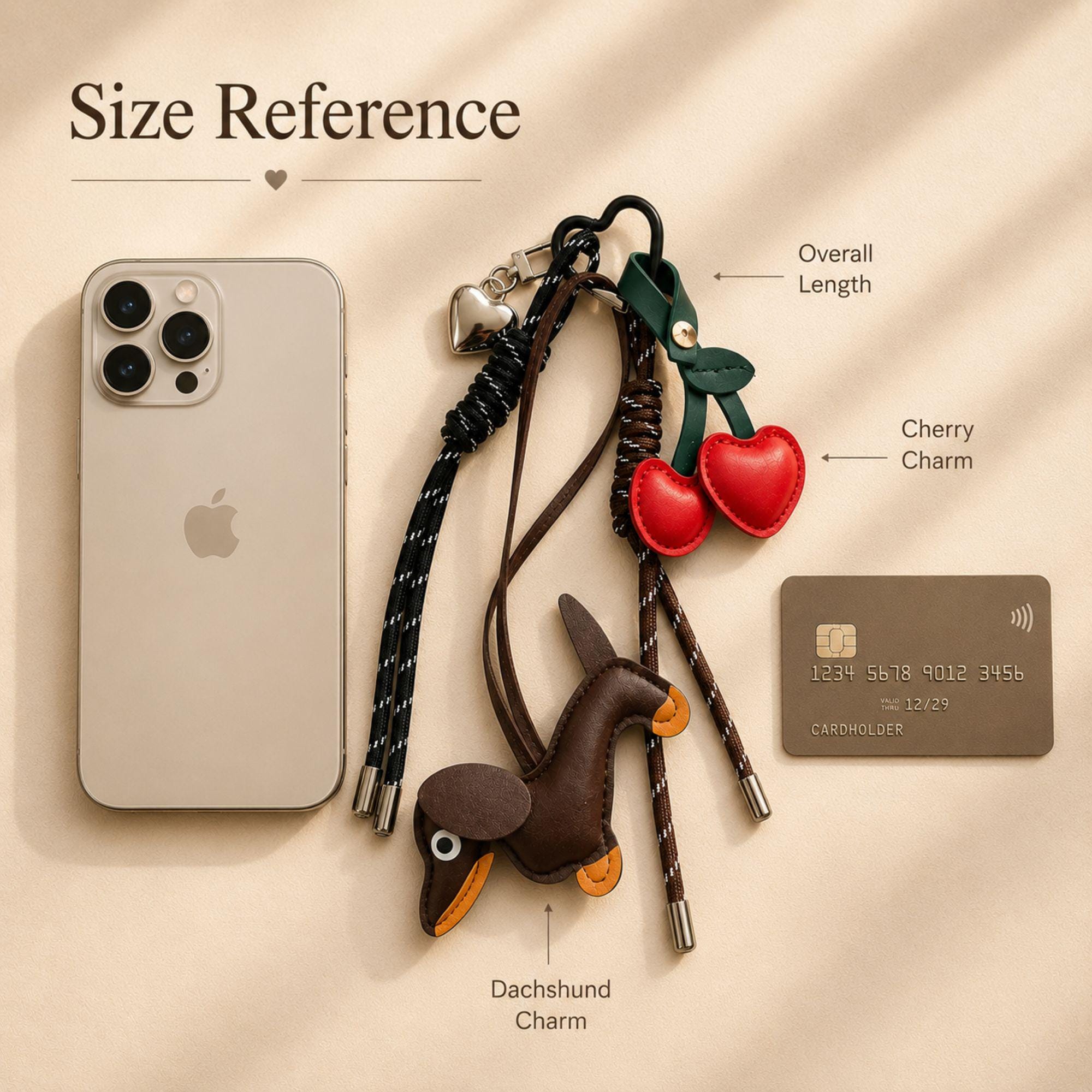 Brown dachshund bag charm with red cherry purse charm and heart keychain attached to a handbag. Cute wiener dog bag accessory designed for tote bags, purses, shoulder bags, backpacks and designer handbags. Kawaii purse charm inspired by Y2K fashion trends and bag charm styling. Lightweight dog lover gift featuring a dachshund pendant, cherry charm and heart detail. Fashion handbag accessory for women, teens, dog moms, dachshund owners and purse charm collectors.