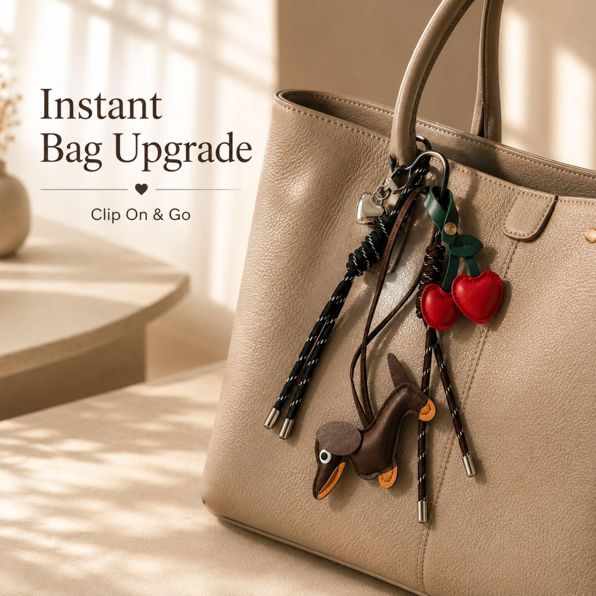 Brown dachshund bag charm with red cherry purse charm and heart keychain attached to a handbag. Cute wiener dog bag accessory designed for tote bags, purses, shoulder bags, backpacks and designer handbags. Kawaii purse charm inspired by Y2K fashion trends and bag charm styling. Lightweight dog lover gift featuring a dachshund pendant, cherry charm and heart detail. Fashion handbag accessory for women, teens, dog moms, dachshund owners and purse charm collectors.