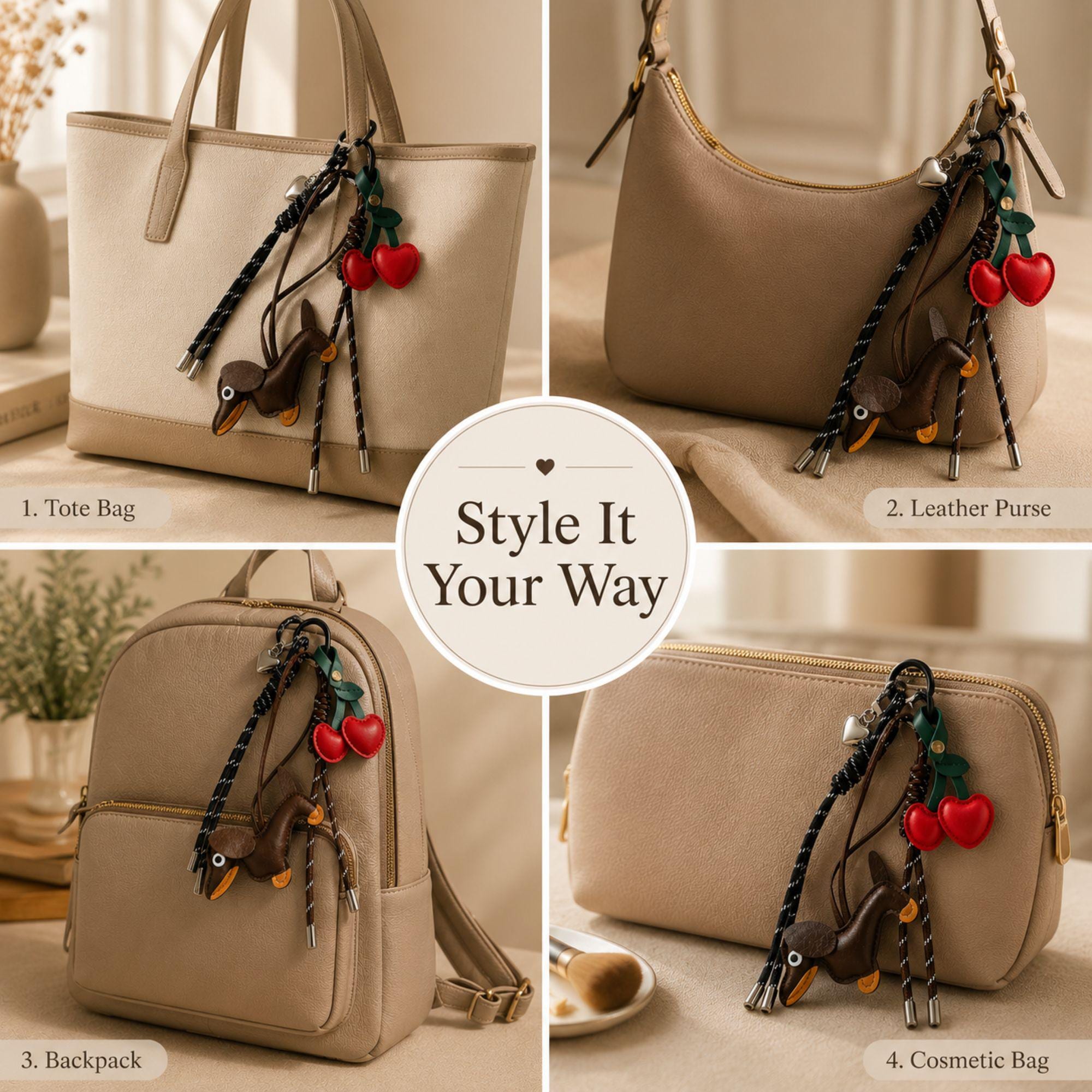 Brown dachshund bag charm with red cherry purse charm and heart keychain attached to a handbag. Cute wiener dog bag accessory designed for tote bags, purses, shoulder bags, backpacks and designer handbags. Kawaii purse charm inspired by Y2K fashion trends and bag charm styling. Lightweight dog lover gift featuring a dachshund pendant, cherry charm and heart detail. Fashion handbag accessory for women, teens, dog moms, dachshund owners and purse charm collectors.