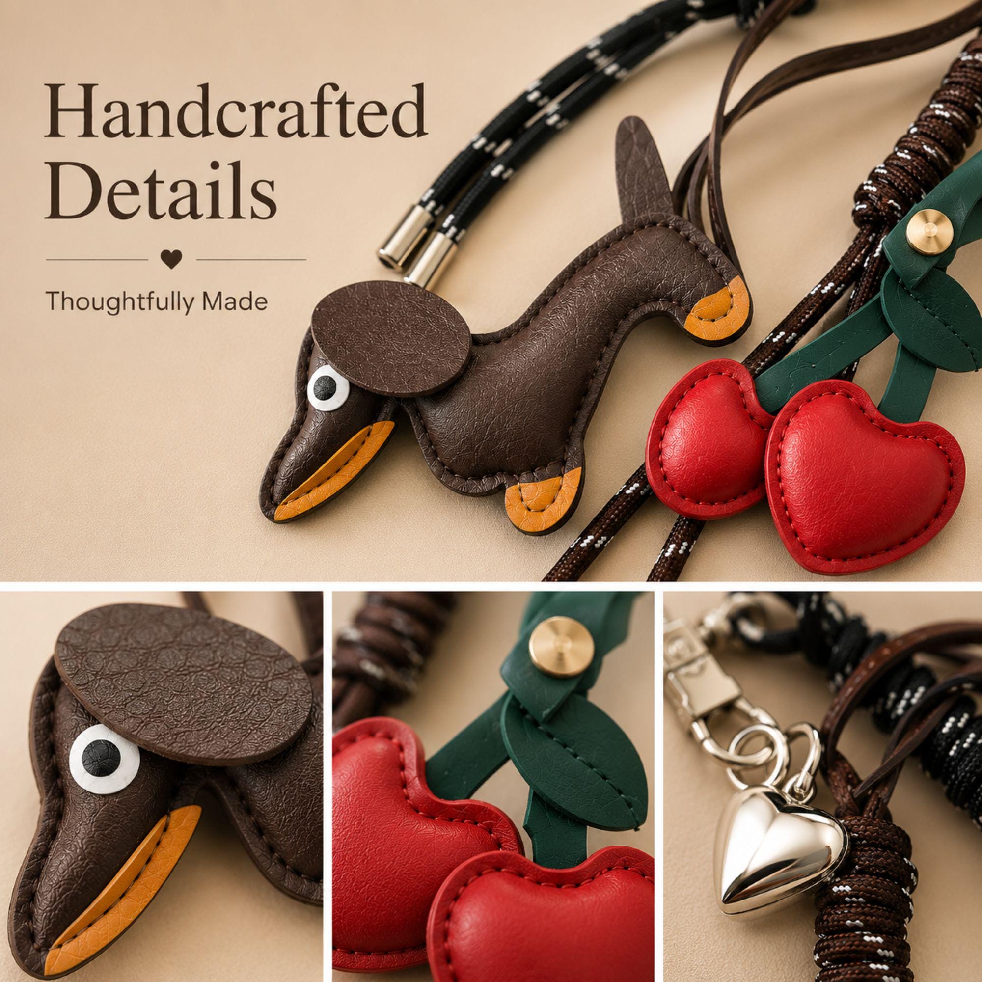 Brown dachshund bag charm with red cherry purse charm and heart keychain attached to a handbag. Cute wiener dog bag accessory designed for tote bags, purses, shoulder bags, backpacks and designer handbags. Kawaii purse charm inspired by Y2K fashion trends and bag charm styling. Lightweight dog lover gift featuring a dachshund pendant, cherry charm and heart detail. Fashion handbag accessory for women, teens, dog moms, dachshund owners and purse charm collectors.