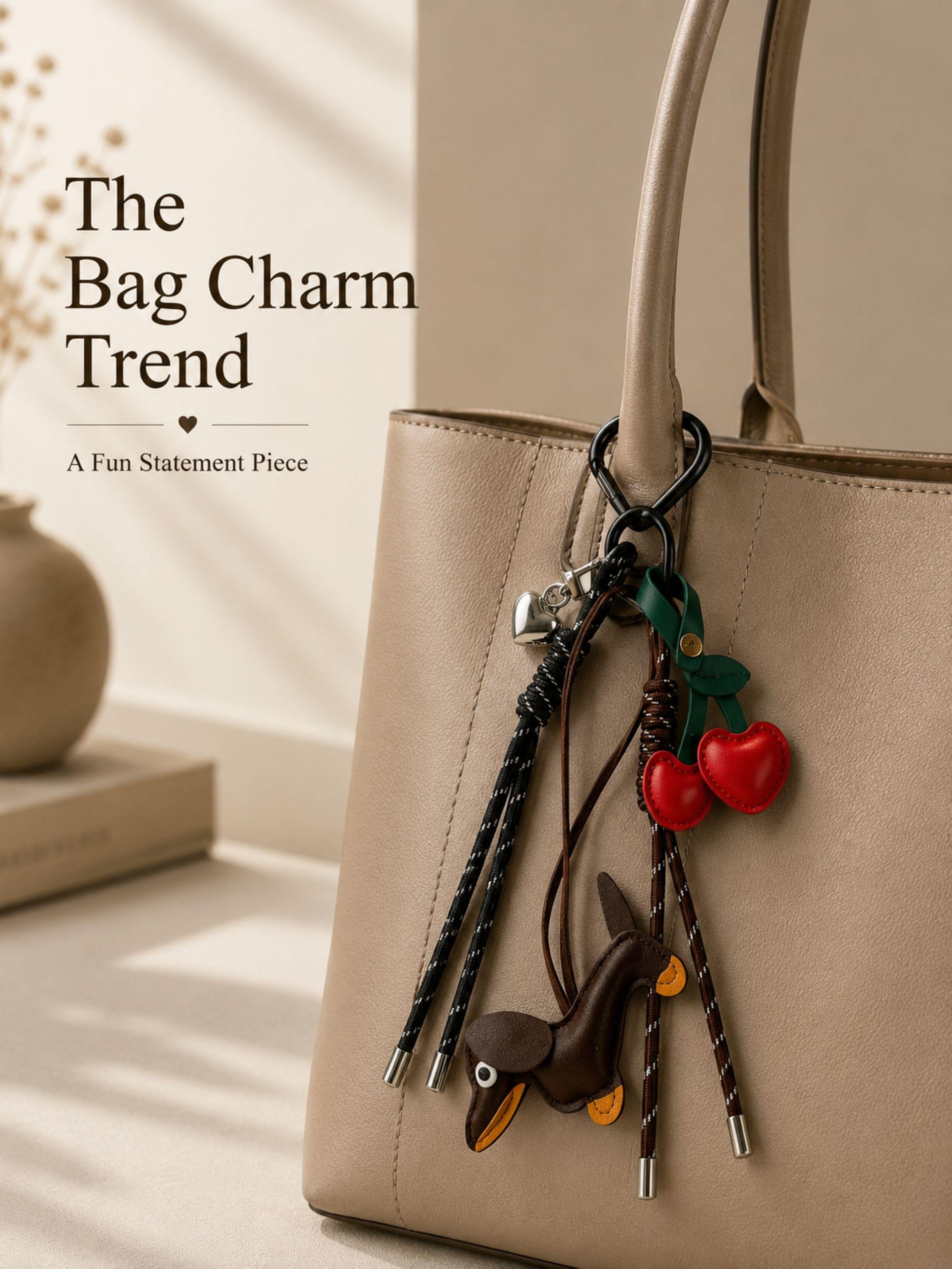 Brown dachshund bag charm with red cherry purse charm and heart keychain attached to a handbag. Cute wiener dog bag accessory designed for tote bags, purses, shoulder bags, backpacks and designer handbags. Kawaii purse charm inspired by Y2K fashion trends and bag charm styling. Lightweight dog lover gift featuring a dachshund pendant, cherry charm and heart detail. Fashion handbag accessory for women, teens, dog moms, dachshund owners and purse charm collectors.