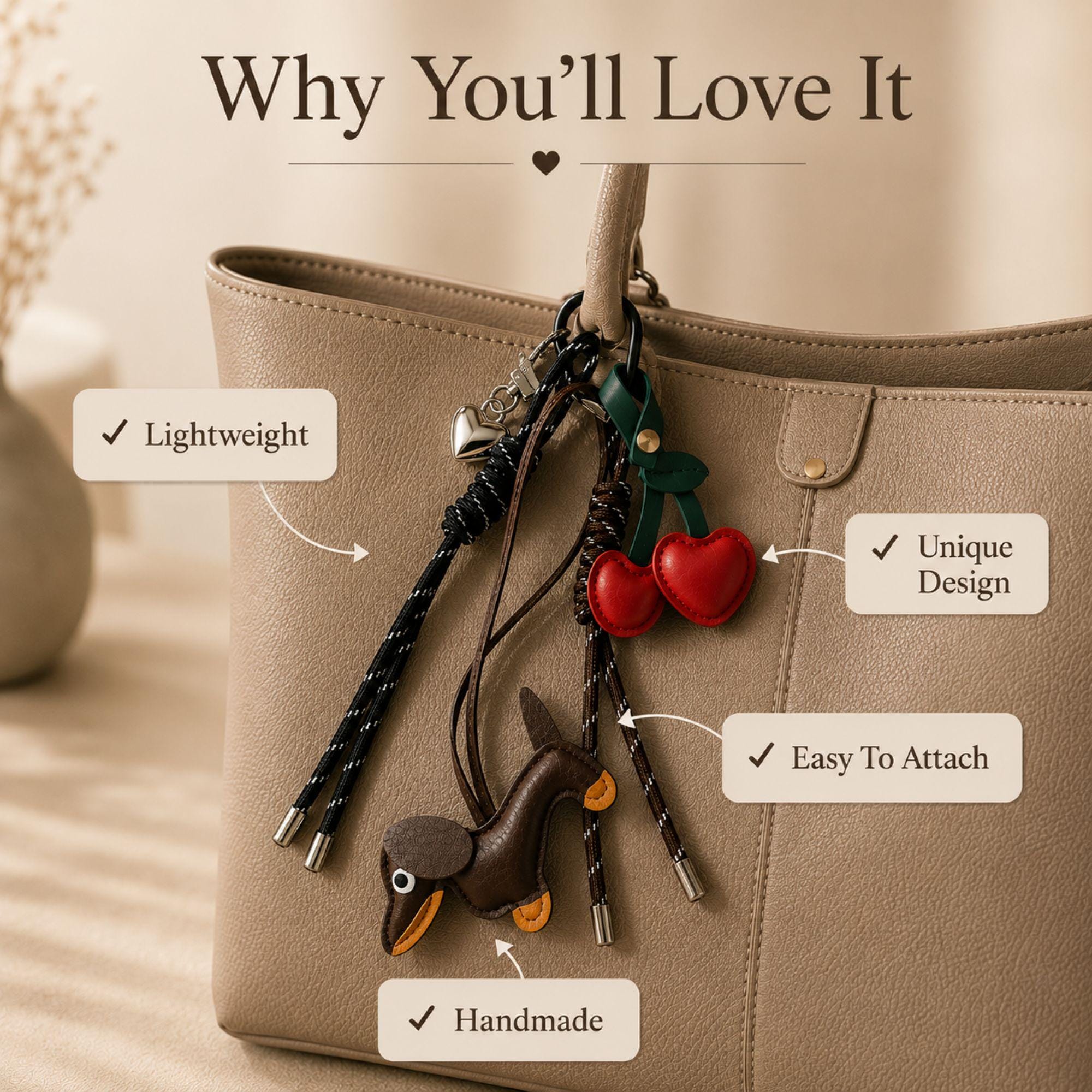 Brown dachshund bag charm with red cherry purse charm and heart keychain attached to a handbag. Cute wiener dog bag accessory designed for tote bags, purses, shoulder bags, backpacks and designer handbags. Kawaii purse charm inspired by Y2K fashion trends and bag charm styling. Lightweight dog lover gift featuring a dachshund pendant, cherry charm and heart detail. Fashion handbag accessory for women, teens, dog moms, dachshund owners and purse charm collectors.