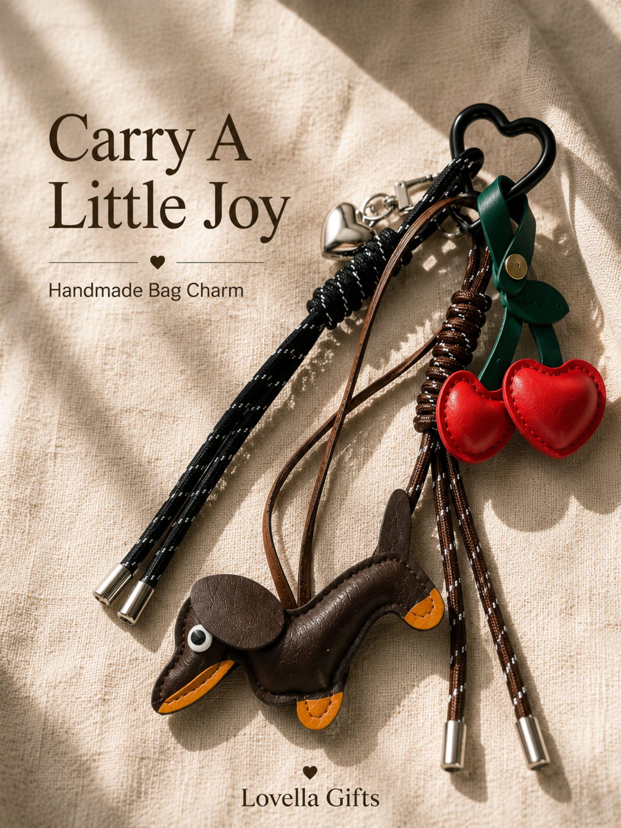 Brown dachshund bag charm with red cherry purse charm and heart keychain attached to a handbag. Cute wiener dog bag accessory designed for tote bags, purses, shoulder bags, backpacks and designer handbags. Kawaii purse charm inspired by Y2K fashion trends and bag charm styling. Lightweight dog lover gift featuring a dachshund pendant, cherry charm and heart detail. Fashion handbag accessory for women, teens, dog moms, dachshund owners and purse charm collectors.