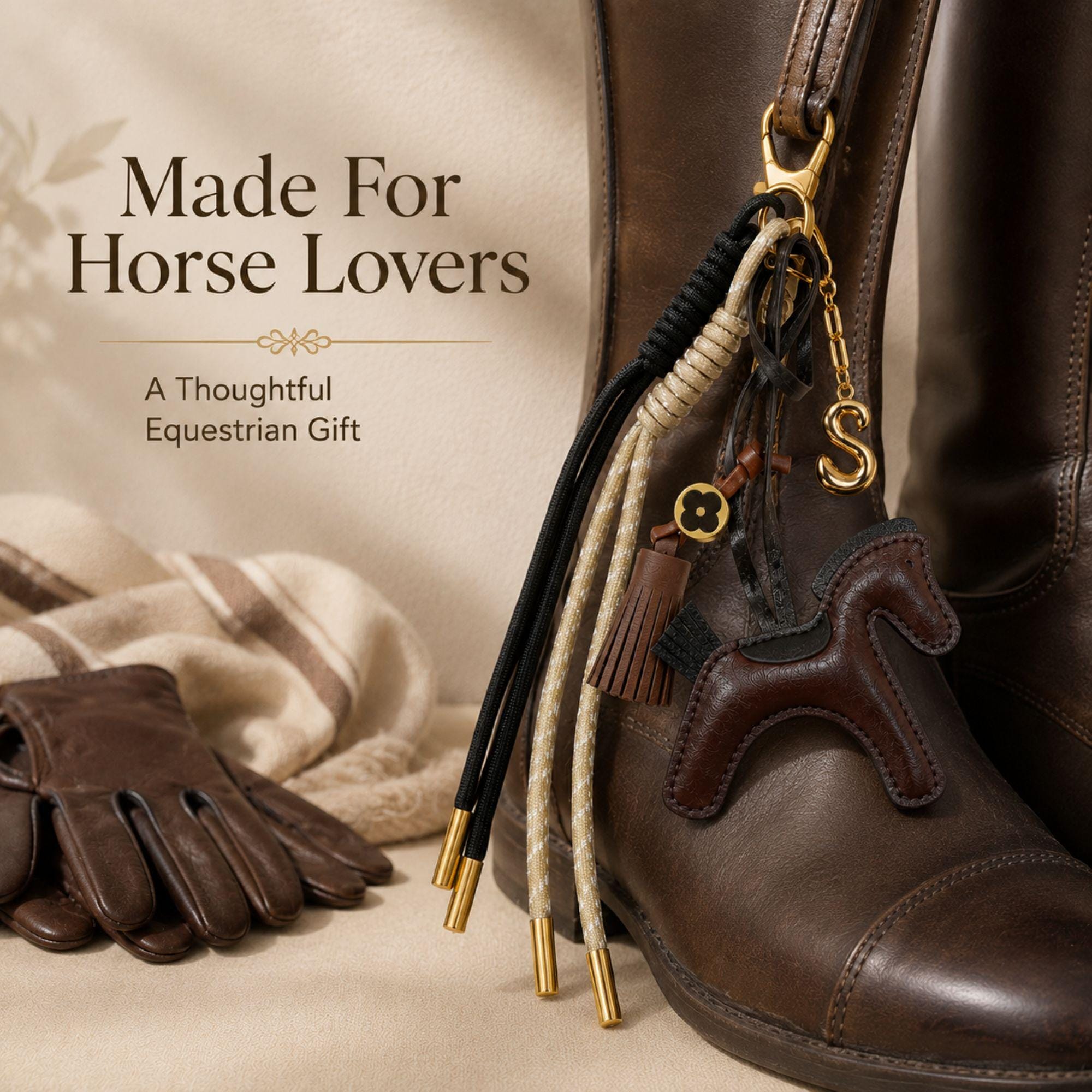 Handmade horse bag charm featuring a brown leather horse charm, tassel charm, decorative black and cream cords, and gold initial letter charm. Equestrian purse charm designed for handbags, tote bags, backpacks, travel bags, and everyday purses. Luxury horse keychain accessory for horse lovers, equestrian riders, western fashion enthusiasts, and women who love personalized handbag accessories. Stylish leather purse charm gift for her.