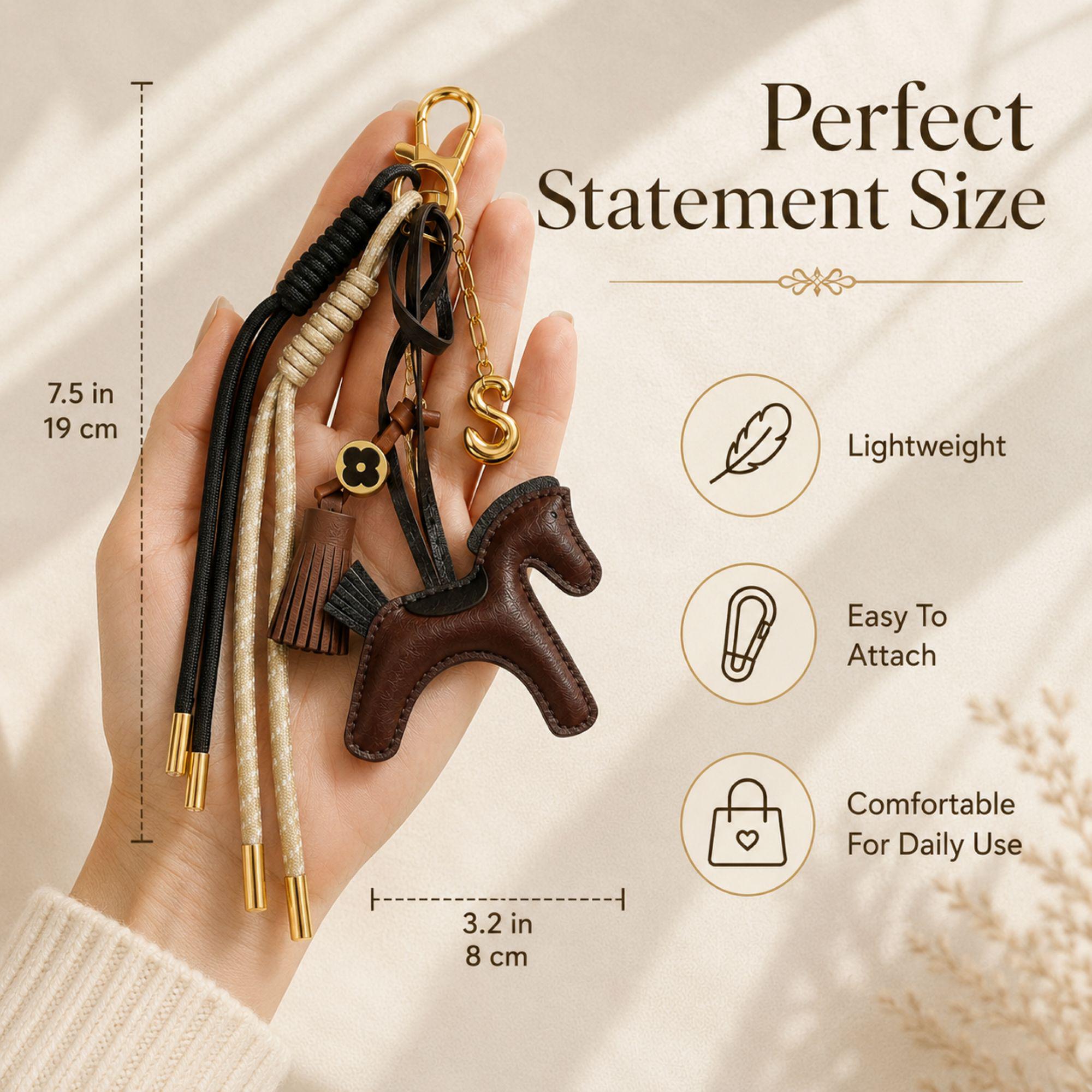 Handmade horse bag charm featuring a brown leather horse charm, tassel charm, decorative black and cream cords, and gold initial letter charm. Equestrian purse charm designed for handbags, tote bags, backpacks, travel bags, and everyday purses. Luxury horse keychain accessory for horse lovers, equestrian riders, western fashion enthusiasts, and women who love personalized handbag accessories. Stylish leather purse charm gift for her.