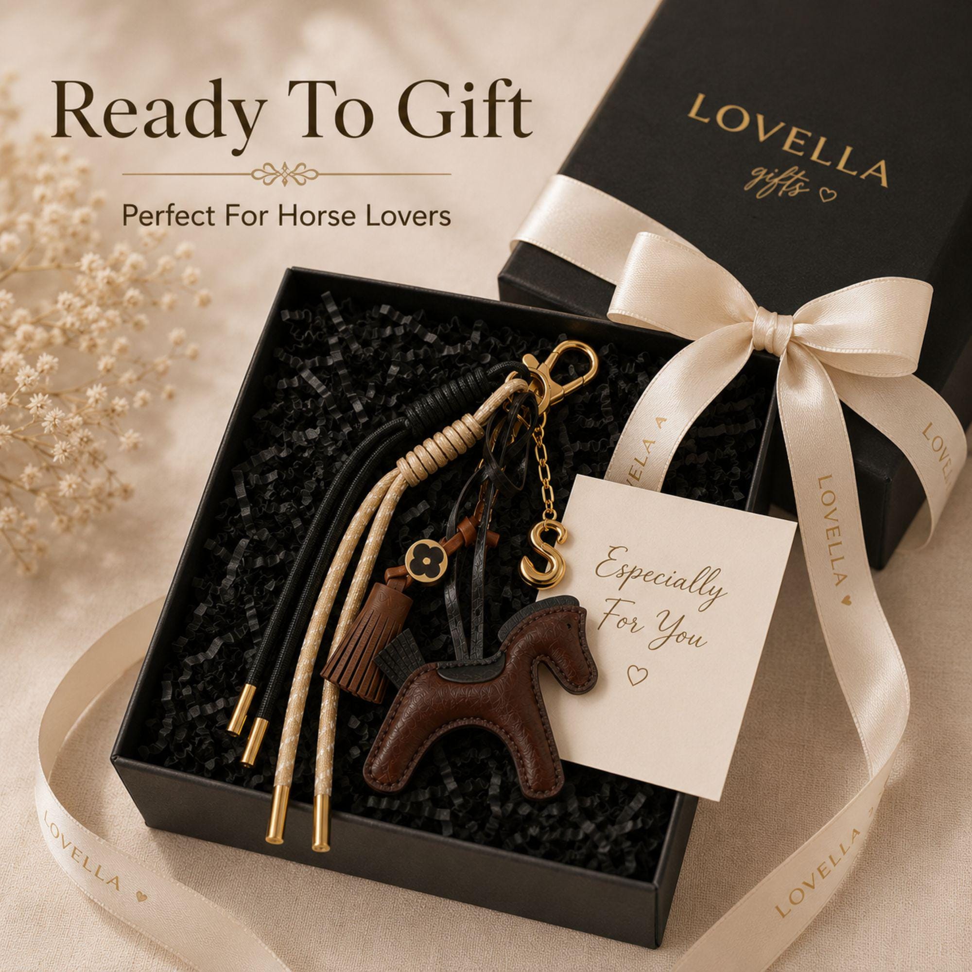 Handmade horse bag charm featuring a brown leather horse charm, tassel charm, decorative black and cream cords, and gold initial letter charm. Equestrian purse charm designed for handbags, tote bags, backpacks, travel bags, and everyday purses. Luxury horse keychain accessory for horse lovers, equestrian riders, western fashion enthusiasts, and women who love personalized handbag accessories. Stylish leather purse charm gift for her.