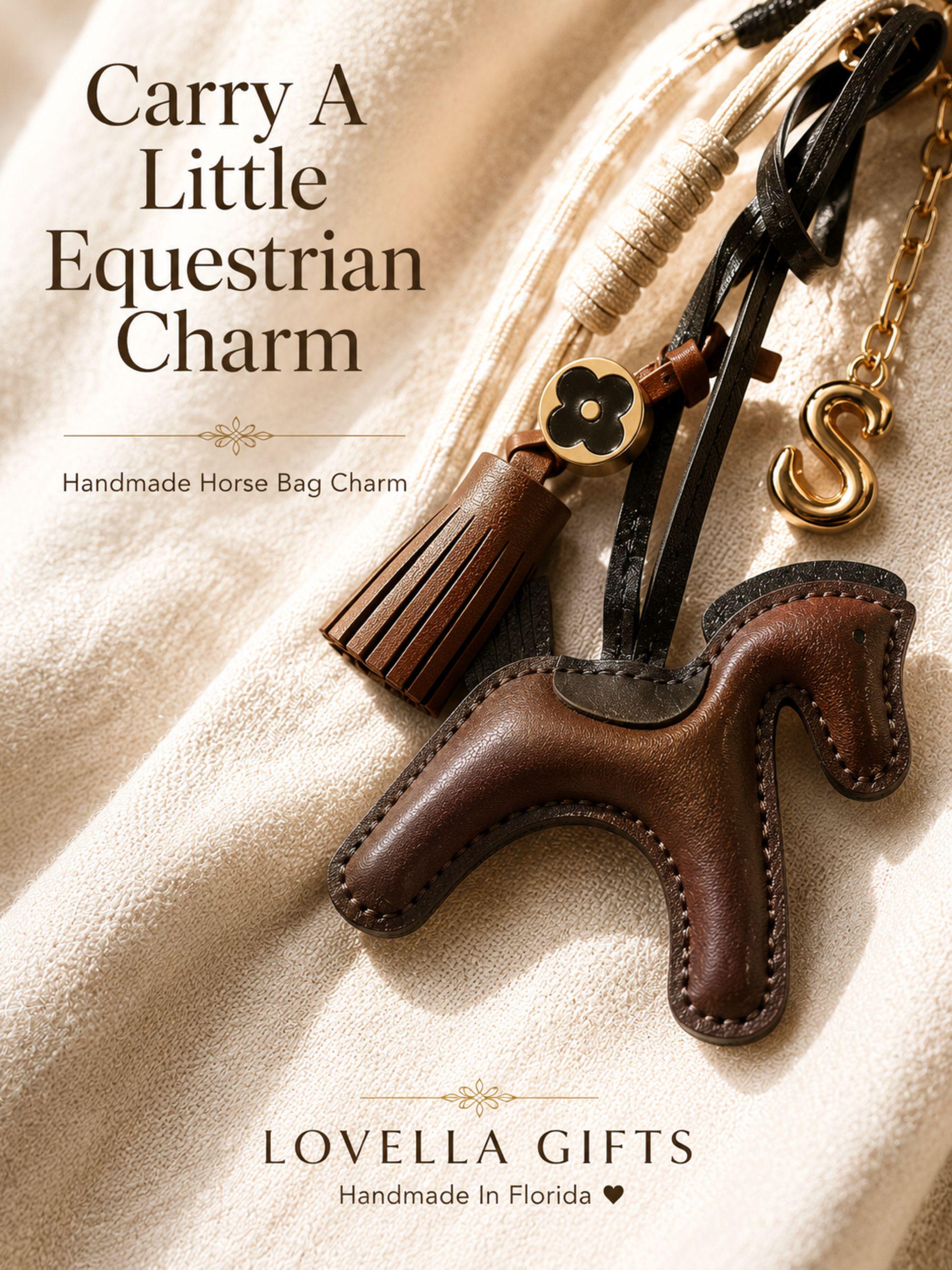 Handmade horse bag charm featuring a brown leather horse charm, tassel charm, decorative black and cream cords, and gold initial letter charm. Equestrian purse charm designed for handbags, tote bags, backpacks, travel bags, and everyday purses. Luxury horse keychain accessory for horse lovers, equestrian riders, western fashion enthusiasts, and women who love personalized handbag accessories. Stylish leather purse charm gift for her.