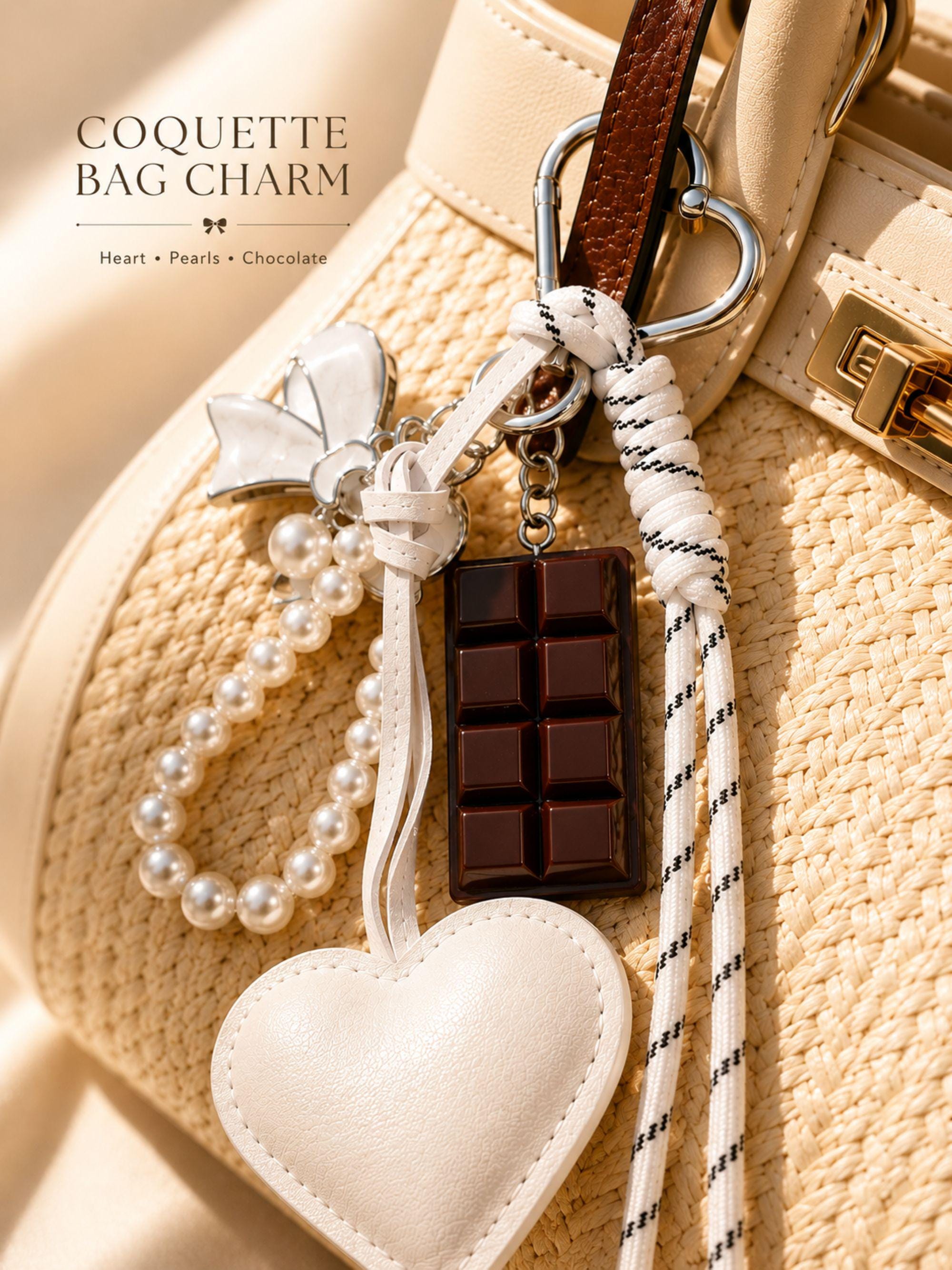 Heart bag charm featuring a white heart charm, pearl keychain loop, silver bow charm, chocolate charm and rope tassel attached to a luxury handbag. Coquette bag charm inspired by Y2K fashion, kawaii accessories and trendy purse charms. Decorative handbag accessory designed for tote bags, purses, shoulder bags, backpacks, canvas totes and beach bags. Cute statement bag charm for women and teen girls. Fashion keychain accessory perfect for everyday handbags, summer totes personalized purse styling