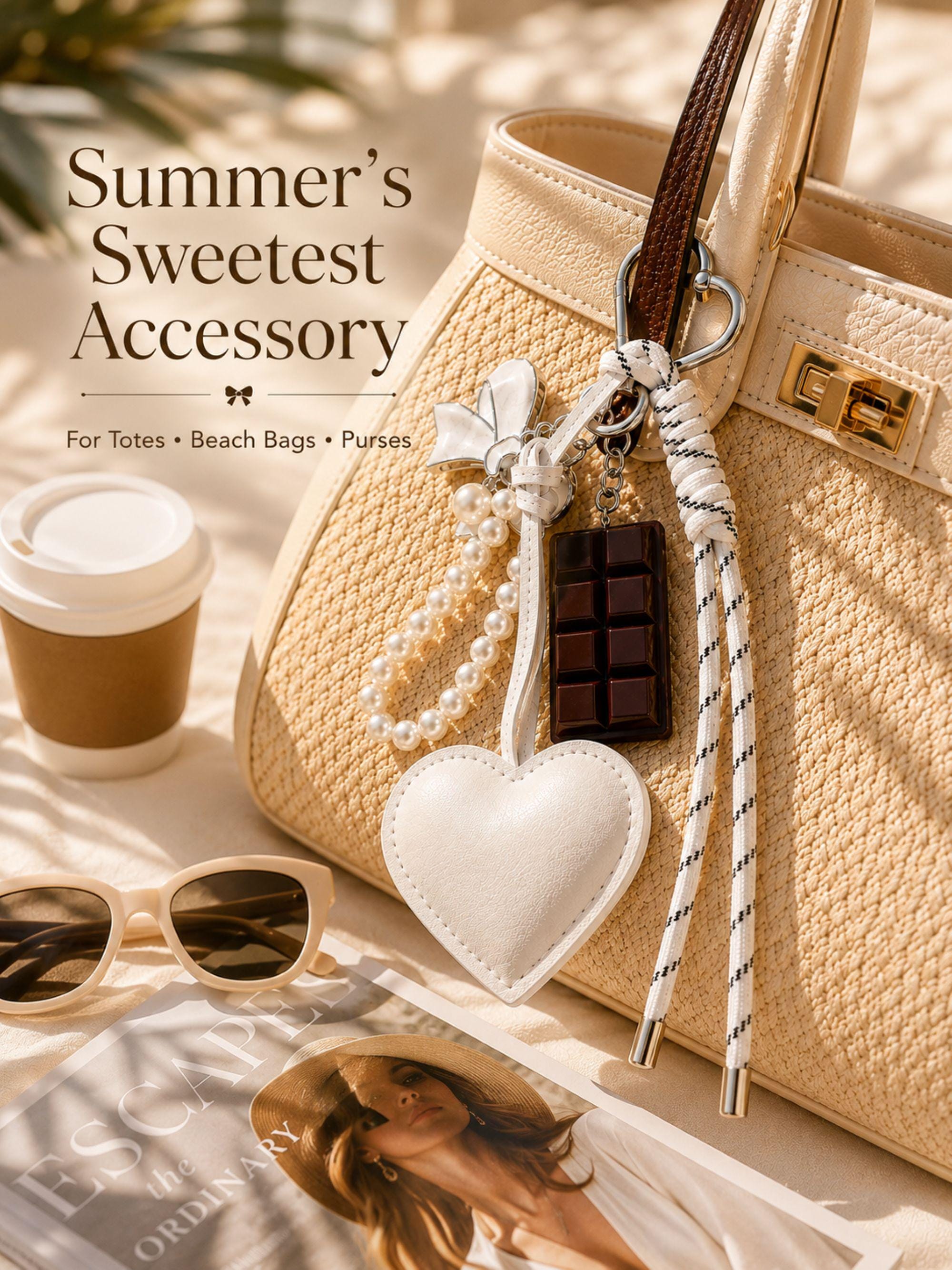 Heart bag charm featuring a white heart charm, pearl keychain loop, silver bow charm, chocolate charm and rope tassel attached to a luxury handbag. Coquette bag charm inspired by Y2K fashion, kawaii accessories and trendy purse charms. Decorative handbag accessory designed for tote bags, purses, shoulder bags, backpacks, canvas totes and beach bags. Cute statement bag charm for women and teen girls. Fashion keychain accessory perfect for everyday handbags, summer totes personalized purse styling