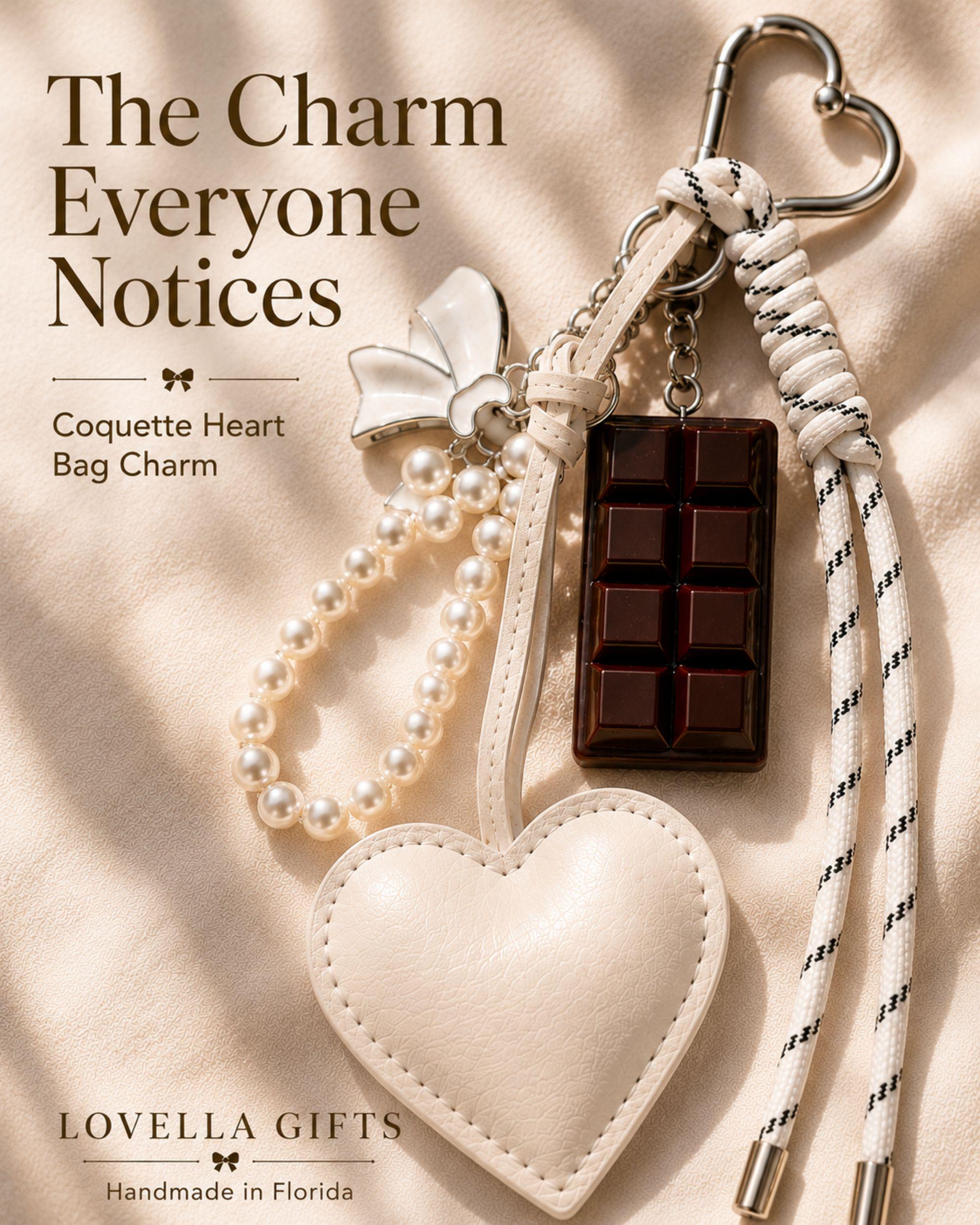 Heart bag charm featuring a white heart charm, pearl keychain loop, silver bow charm, chocolate charm and rope tassel attached to a luxury handbag. Coquette bag charm inspired by Y2K fashion, kawaii accessories and trendy purse charms. Decorative handbag accessory designed for tote bags, purses, shoulder bags, backpacks, canvas totes and beach bags. Cute statement bag charm for women and teen girls. Fashion keychain accessory perfect for everyday handbags, summer totes personalized purse styling