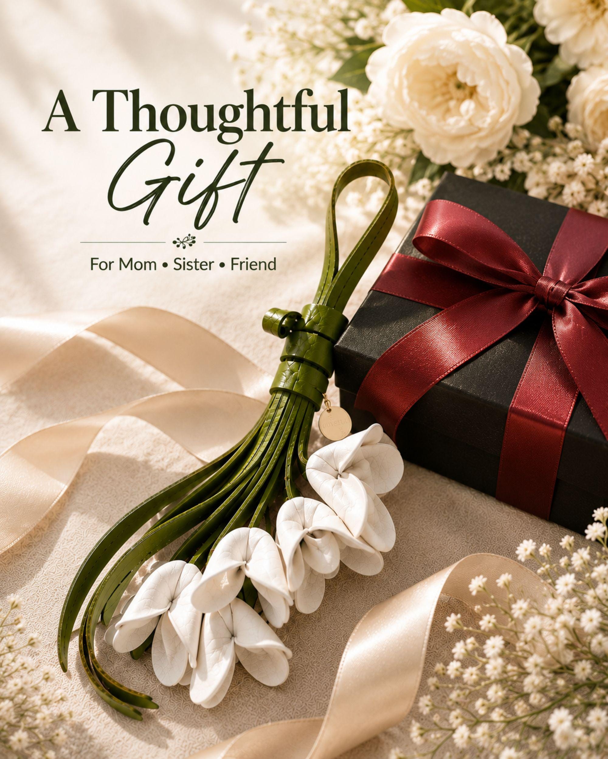 Handmade white flower bag charm featuring delicate white leather flowers attached to flowing green leather tassels with gold hardware. Floral purse charm designed for tote bags, handbags, backpacks, woven straw bags, beach bags, canvas totes, and everyday purses. Lightweight handbag accessory inspired by cottagecore, boho, feminine, and floral fashion trends. Unique gift for women, mom, sister, daughter, best friend, bridesmaid, and flower lovers.