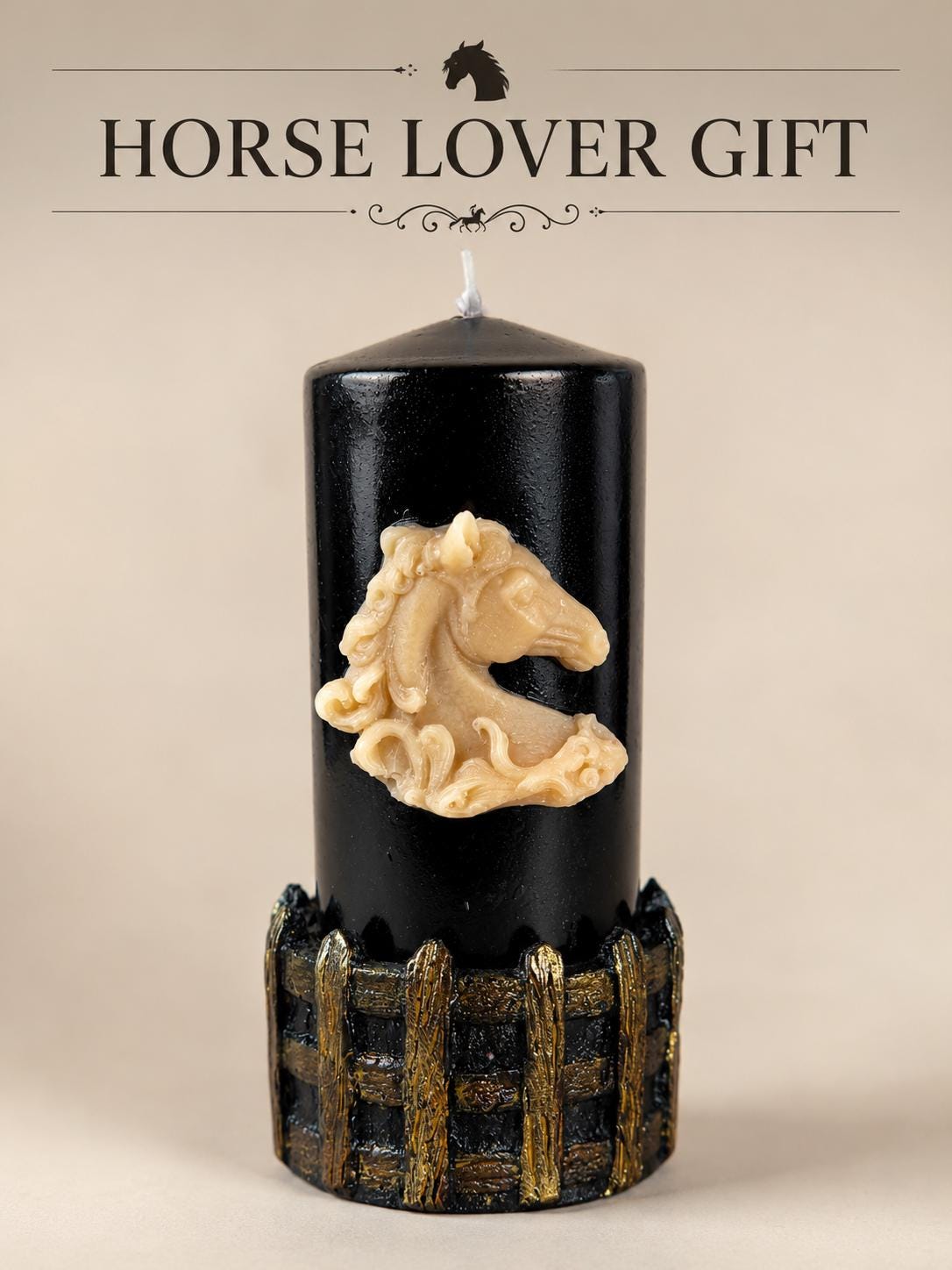 Luxury Horse Lover Gift candle featuring a black pillar candle with sculpted horse head relief, elegant equestrian styling, ranch decor detail, and a refined gift-ready look for horse lovers and horse moms.