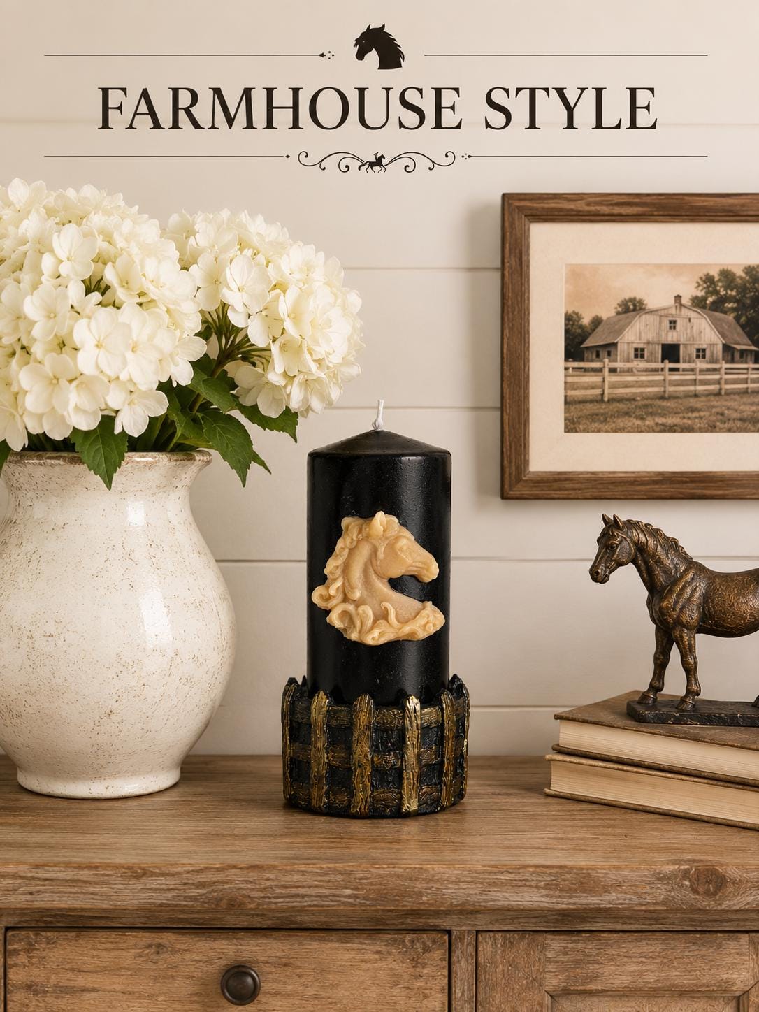 Luxury Horse Lover Gift candle styled in a farmhouse room with a black horse candle, sculpted horse relief, neutral flowers, rustic shelf decor, and elegant ranch-inspired home accents.