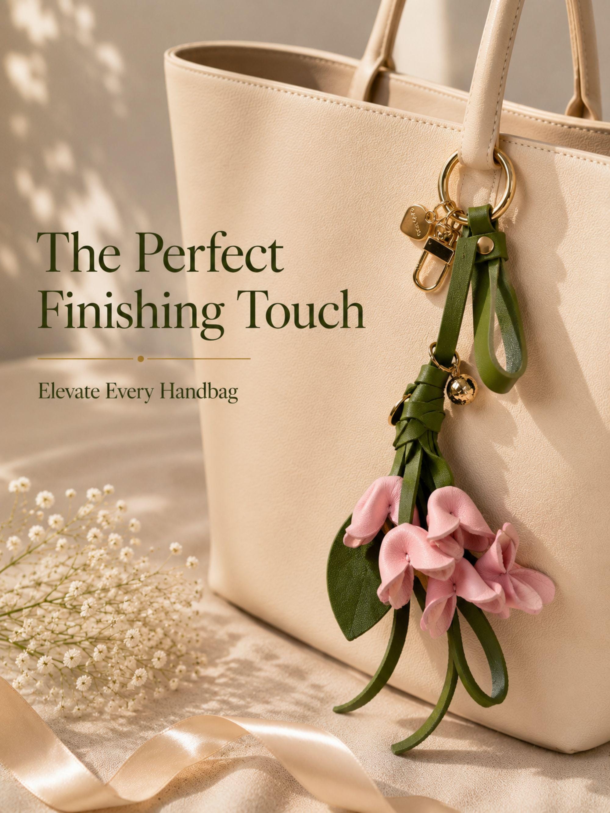 Luxury floral leather bag charm featuring blush pink leather flowers, olive green leather leaves, decorative tassels, wrist strap, gold hardware, and botanical handbag accessory. Handmade leather purse charm for luxury handbags, tote bags, shoulder bags, crossbody bags, woven beach bags, and designer inspired purses. Arrives beautifully packaged in a ready to gift signature gift box, making a thoughtful birthday gift, Mother's Day gift, bridesmaid gift, Christmas gift, or gift for her.