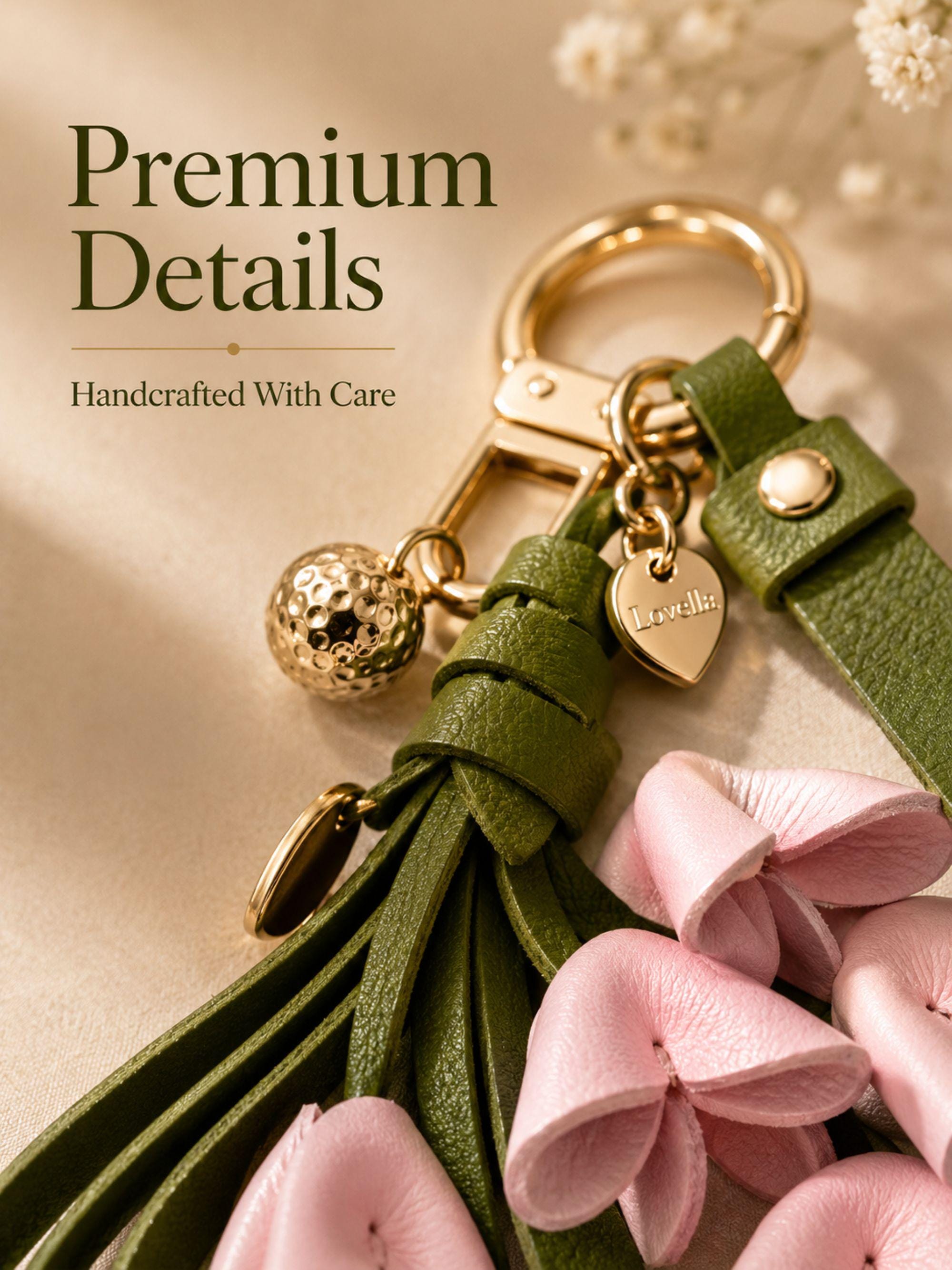 Luxury floral leather bag charm featuring blush pink leather flowers, olive green leather leaves, decorative tassels, wrist strap, gold hardware, and botanical handbag accessory. Handmade leather purse charm for luxury handbags, tote bags, shoulder bags, crossbody bags, woven beach bags, and designer inspired purses. Arrives beautifully packaged in a ready to gift signature gift box, making a thoughtful birthday gift, Mother's Day gift, bridesmaid gift, Christmas gift, or gift for her.