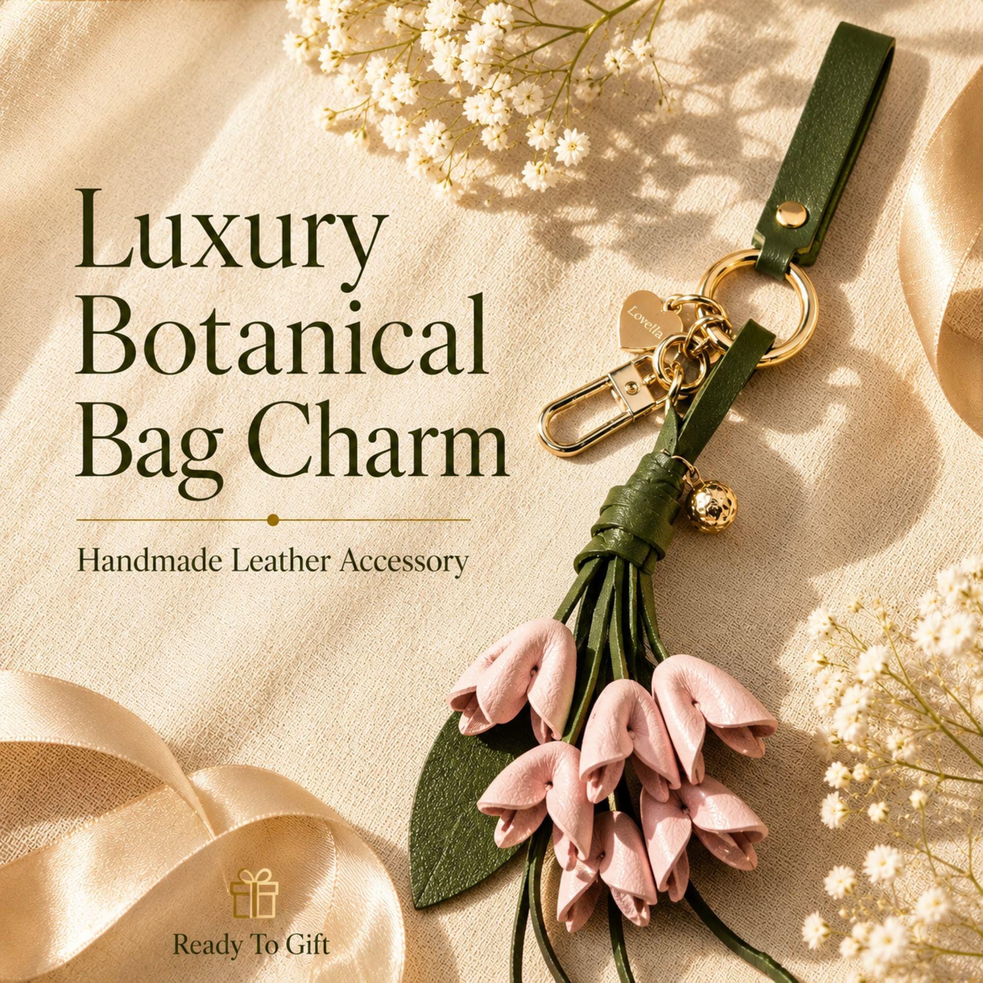Luxury floral leather bag charm featuring blush pink leather flowers, olive green leather leaves, decorative tassels, wrist strap, gold hardware, and botanical handbag accessory. Handmade leather purse charm for luxury handbags, tote bags, shoulder bags, crossbody bags, woven beach bags, and designer inspired purses. Arrives beautifully packaged in a ready to gift signature gift box, making a thoughtful birthday gift, Mother's Day gift, bridesmaid gift, Christmas gift, or gift for her.