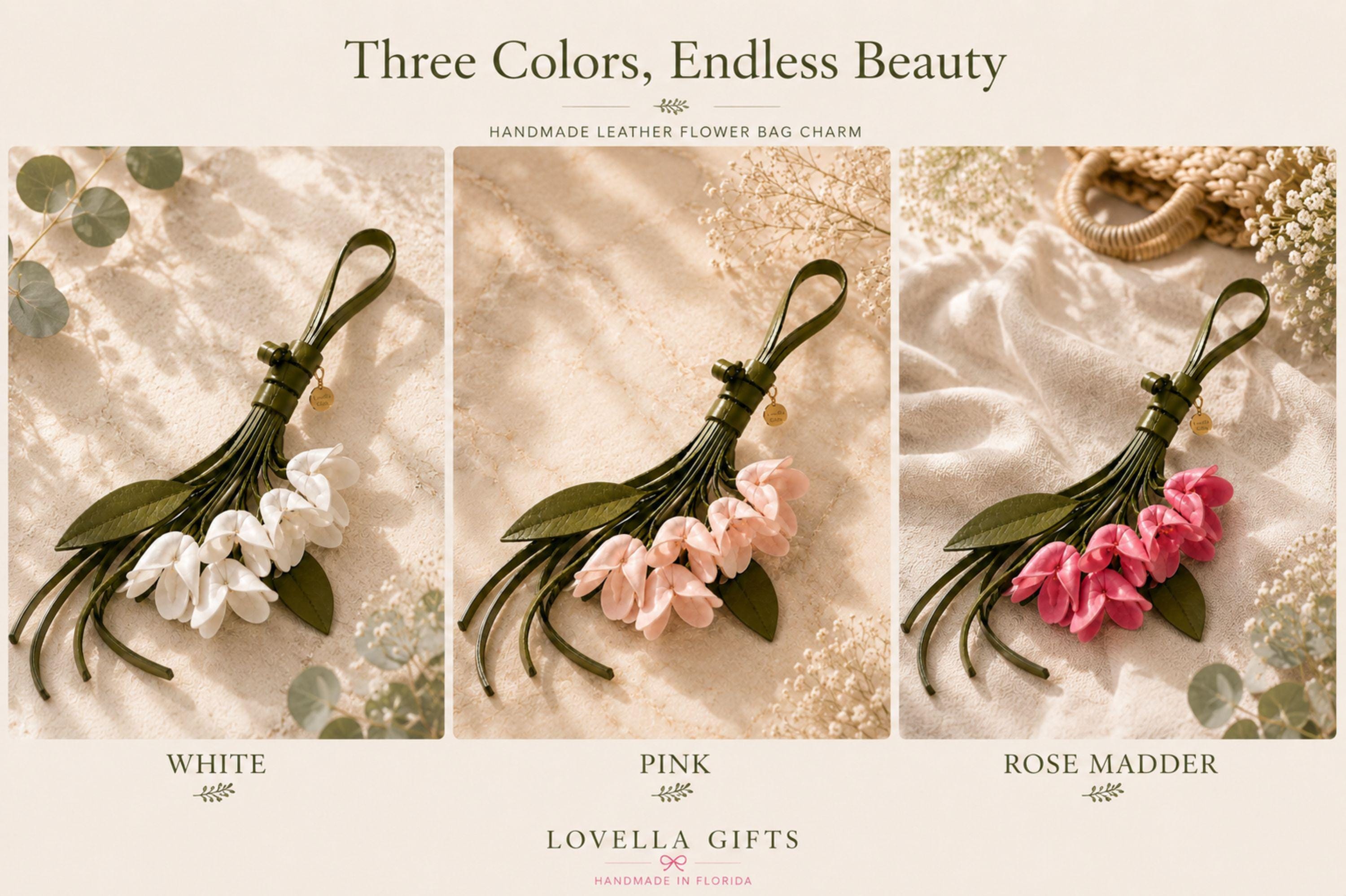 Handmade botanical bag charm featuring pink leather flowers, olive green leather tassel and gold sun charm. Nature inspired purse charm designed as luxury handbag jewelry for tote bags, shoulder bags, crossbody bags, beach bags and backpacks. Cottagecore bag accessory with premium gold hardware, feminine handbag decoration, leather tassel keychain, boho purse charm, handmade gift for women, birthday gift, Mother's Day gift, bridesmaid gift, everyday handbag accessory.