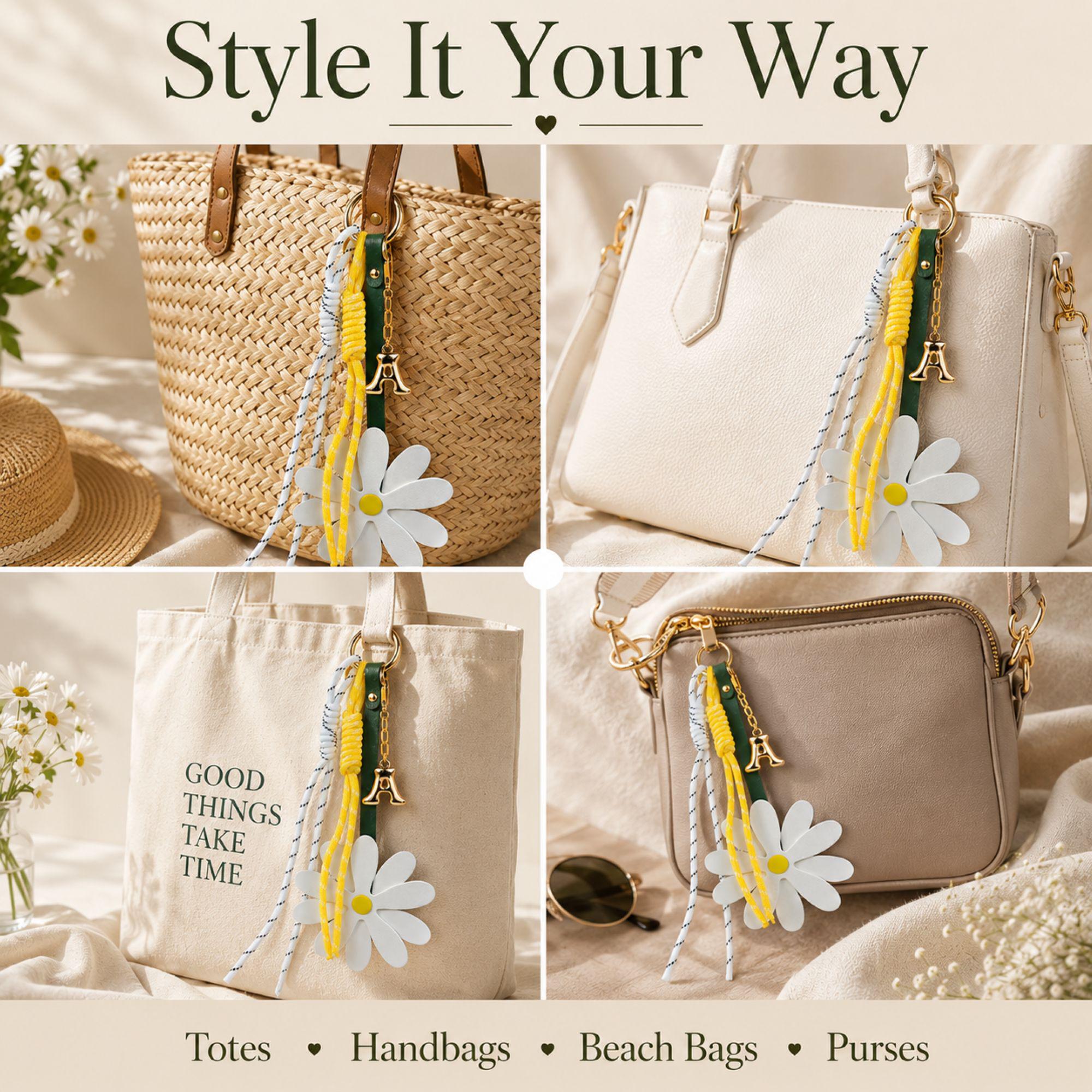 Handmade daisy bag charm with white flower charm, yellow center, personalized initial charm and decorative cord accents attached to a handbag. Flower purse charm designed for tote bags, shoulder bags, beach bags, straw bags, designer handbags and everyday purses. Trendy bag charm accessory inspired by the viral bag charm trend. Personalized handbag charm for women, teen girls, best friends and daughters. Summer bag accessory, preppy purse charm, coastal style handbag decoration and cute gift.