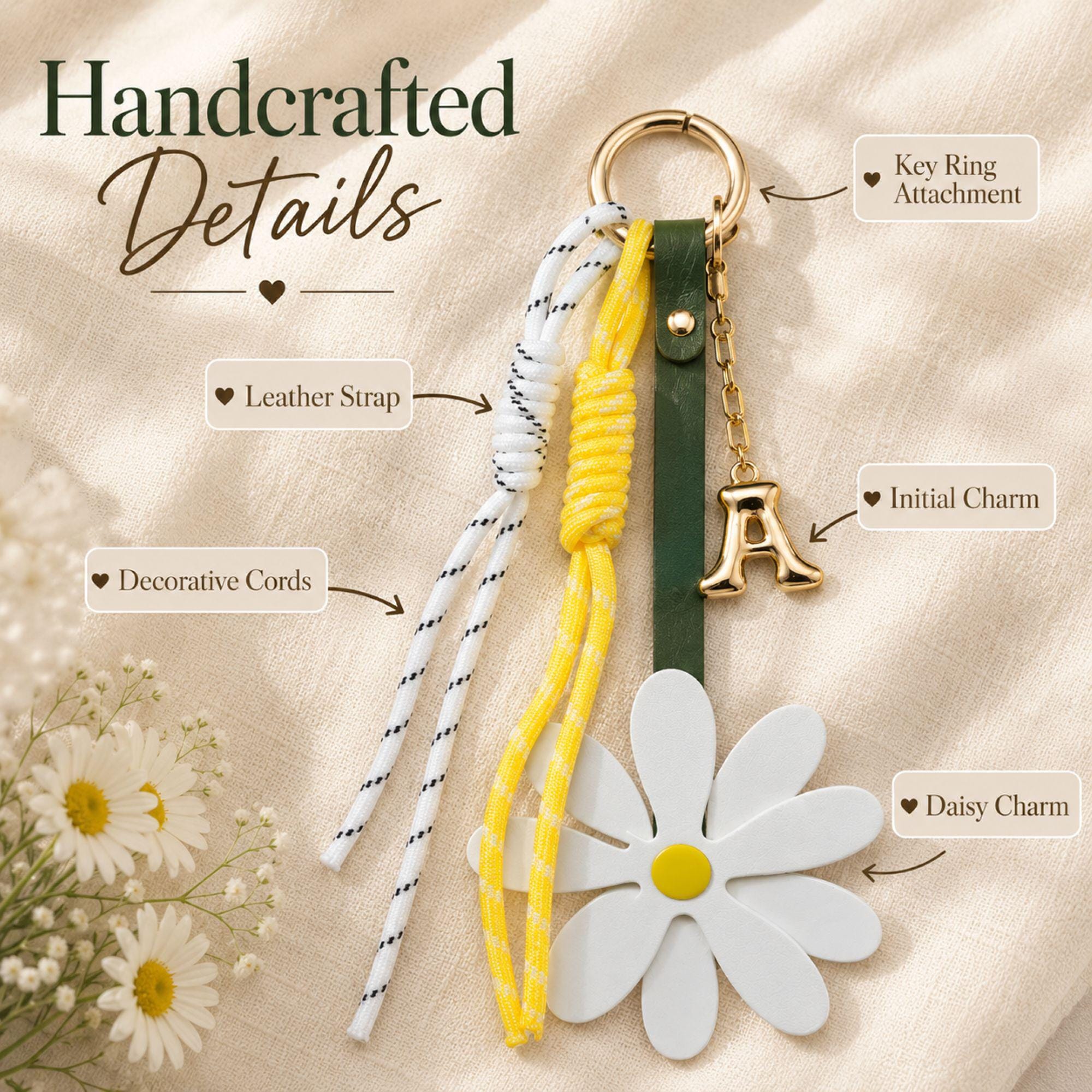 Handmade daisy bag charm with white flower charm, yellow center, personalized initial charm and decorative cord accents attached to a handbag. Flower purse charm designed for tote bags, shoulder bags, beach bags, straw bags, designer handbags and everyday purses. Trendy bag charm accessory inspired by the viral bag charm trend. Personalized handbag charm for women, teen girls, best friends and daughters. Summer bag accessory, preppy purse charm, coastal style handbag decoration and cute gift.