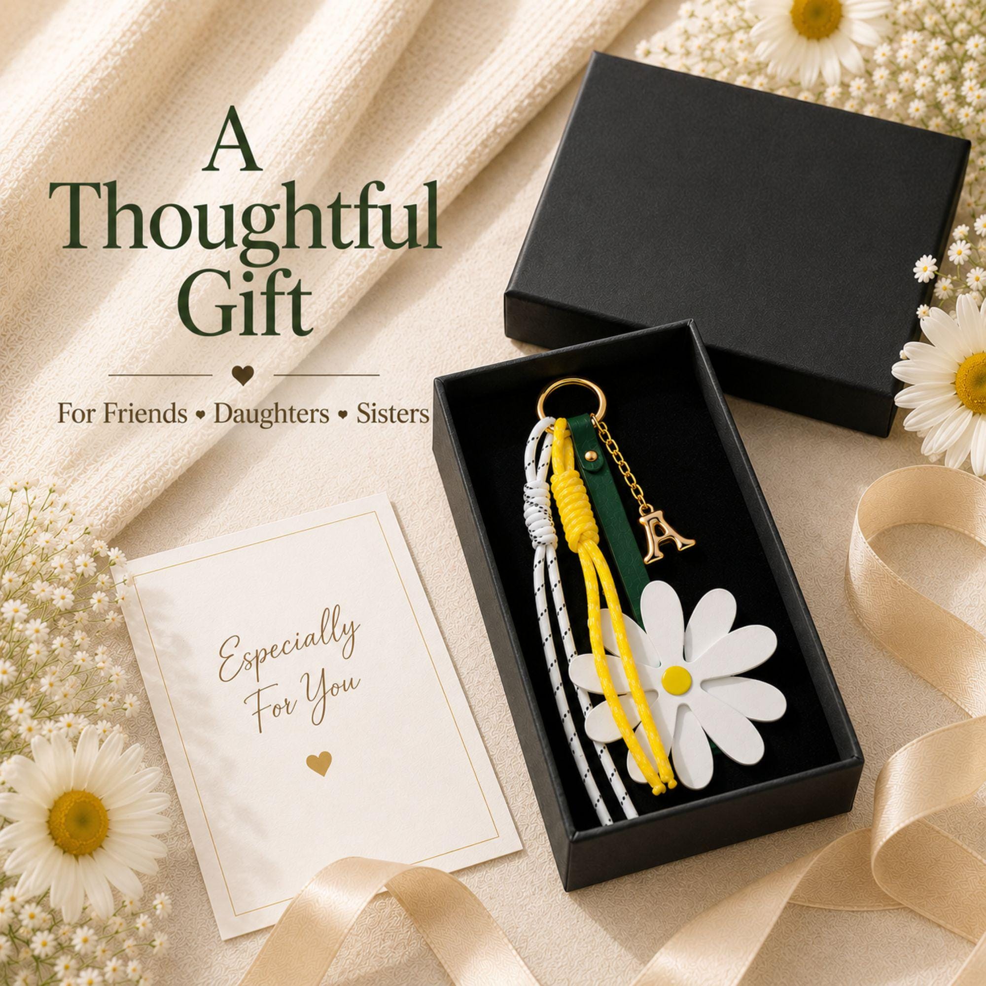 Handmade daisy bag charm with white flower charm, yellow center, personalized initial charm and decorative cord accents attached to a handbag. Flower purse charm designed for tote bags, shoulder bags, beach bags, straw bags, designer handbags and everyday purses. Trendy bag charm accessory inspired by the viral bag charm trend. Personalized handbag charm for women, teen girls, best friends and daughters. Summer bag accessory, preppy purse charm, coastal style handbag decoration and cute gift.