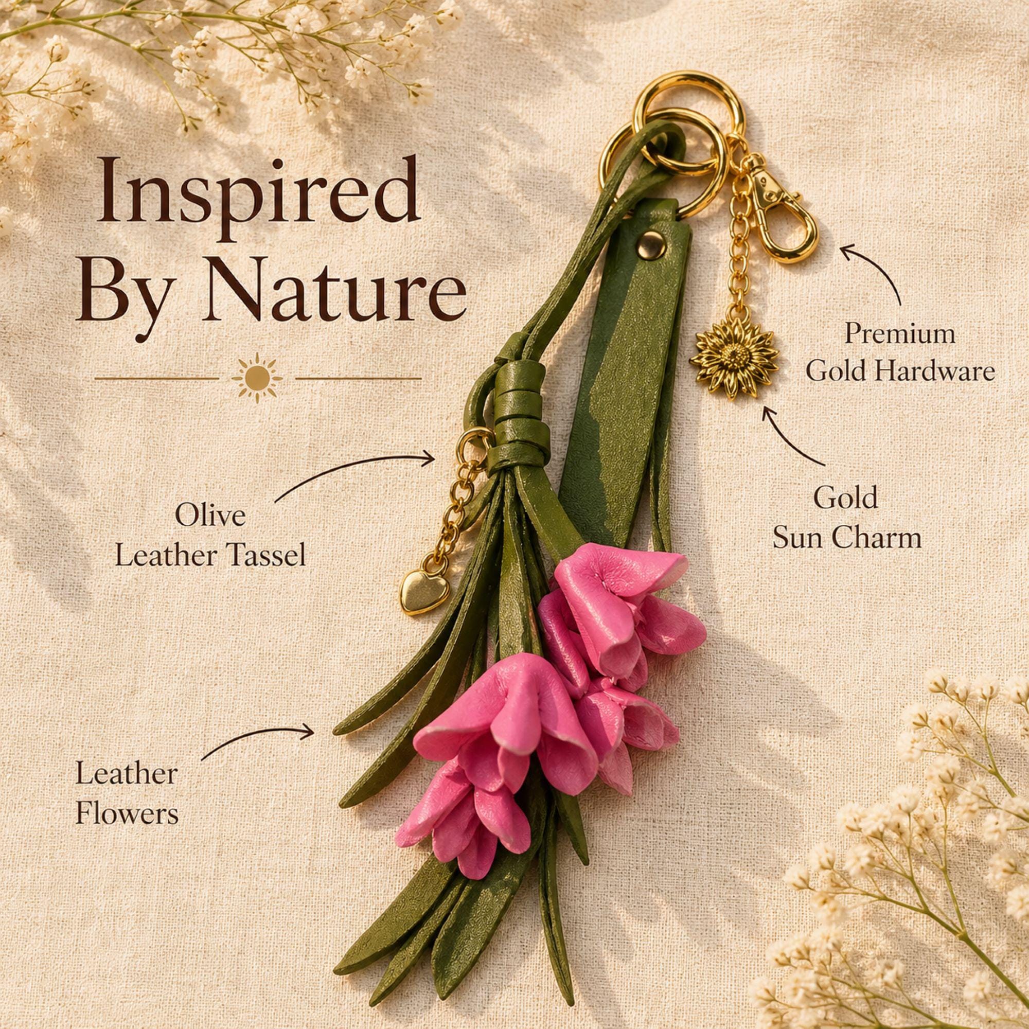 Botanical Sun Charm Bag Accessory flat lay with labeled leather flowers, olive tassel, gold sun charm and premium handbag hardware.