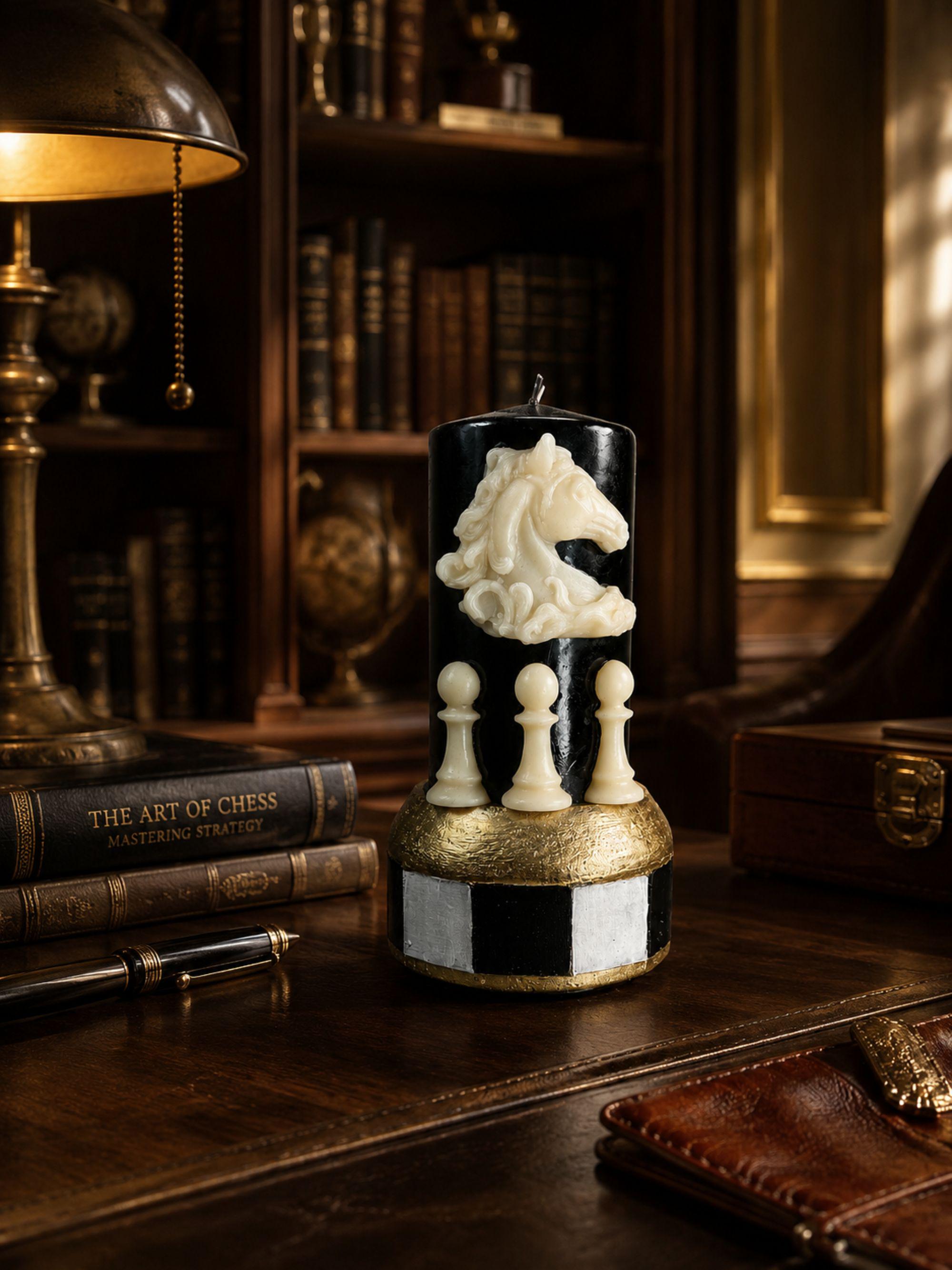 Handmade chess candle featuring a detailed white knight chess piece and three white pawns on a black sculptural pillar candle with a gold geometric chessboard-inspired base. Decorative soy wax candle for chess lovers, chess players, chess coaches, game room decor, office decor, library styling, dark academia interiors, gothic home decor, luxury desk accessories, collectible chess gift, unique handmade candle, Father's Day gift, birthday gift, modern home decoration.