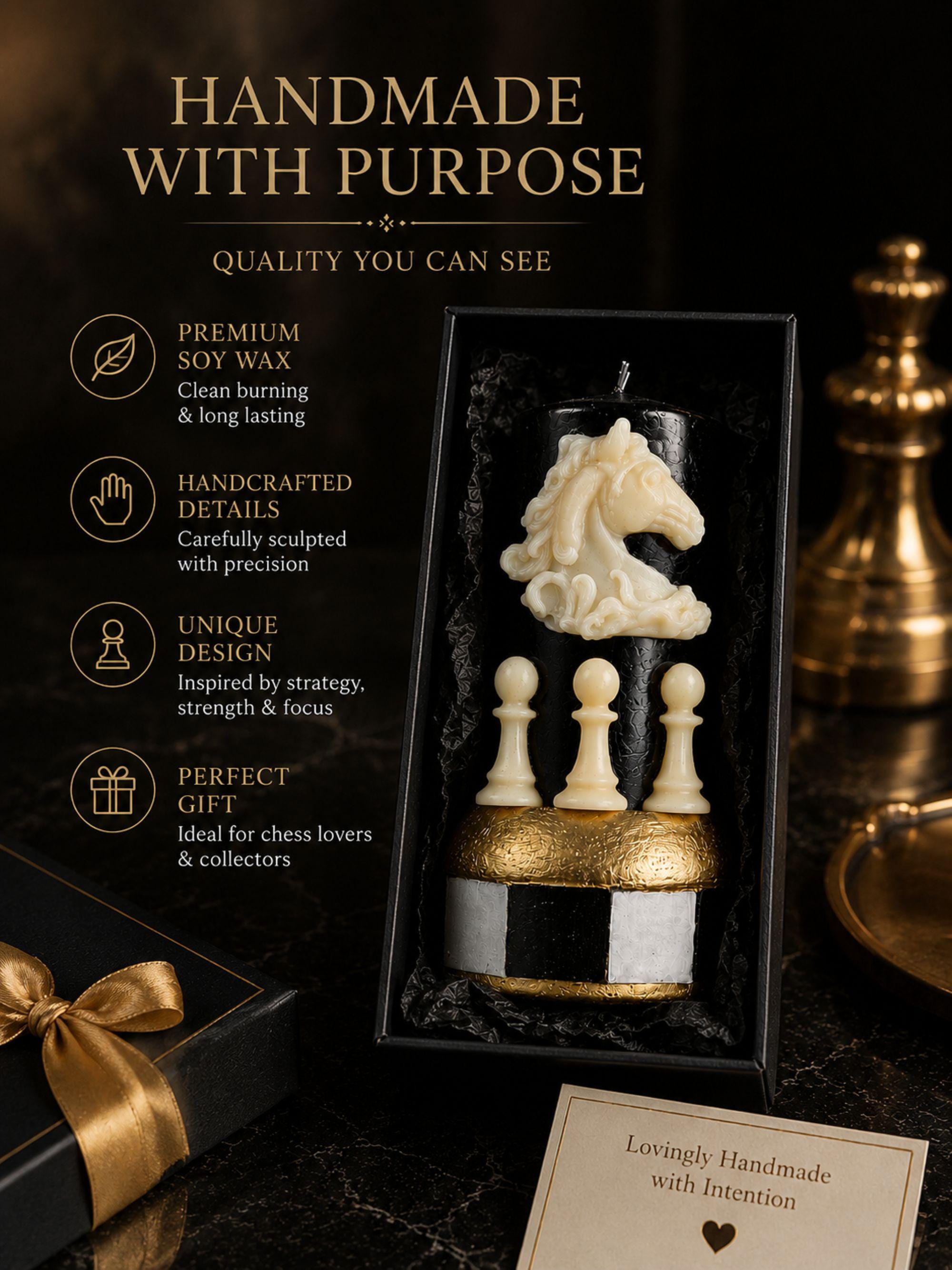 Handmade chess candle featuring a detailed white knight chess piece and three white pawns on a black sculptural pillar candle with a gold geometric chessboard-inspired base. Decorative soy wax candle for chess lovers, chess players, chess coaches, game room decor, office decor, library styling, dark academia interiors, gothic home decor, luxury desk accessories, collectible chess gift, unique handmade candle, Father's Day gift, birthday gift, modern home decoration.
