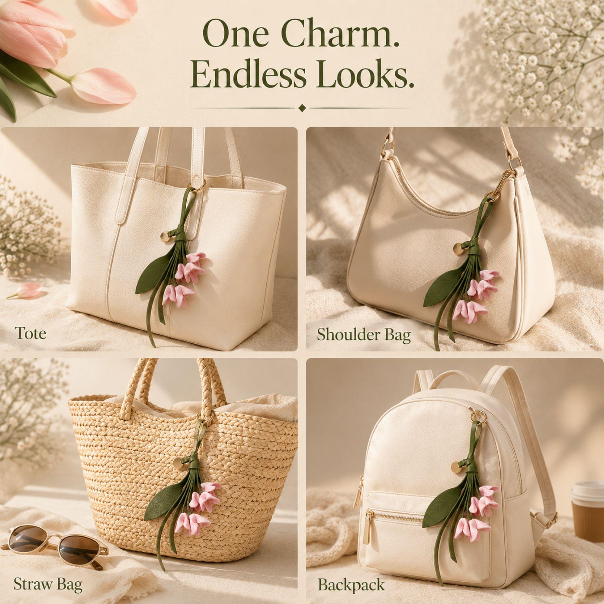 Handmade leather tulip bag charm featuring five soft blush pink leather tulip flowers, an olive green leather leaf, handmade leather tassel, and gold hardware. Floral purse charm designed for tote bags, handbags, shoulder bags, backpacks, straw bags, beach bags, and everyday purses. Lightweight botanical leather keychain inspired by spring flowers. A thoughtful handmade gift for women, moms, sisters, daughters, bridesmaids, birthdays, Mother's Day, and spring fashion lovers.