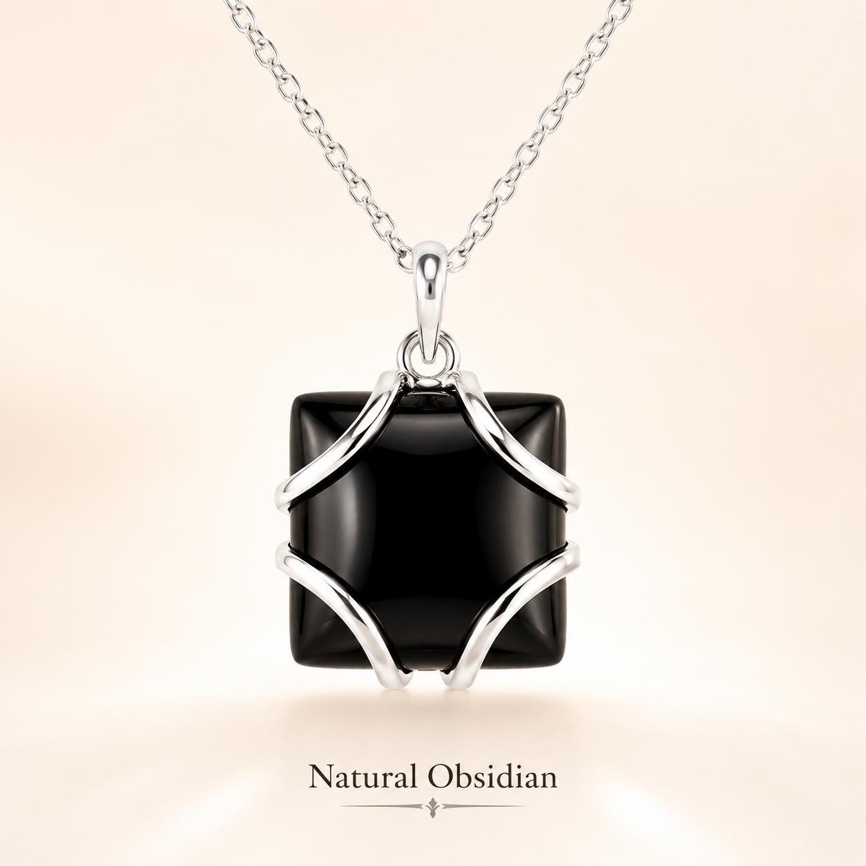 Sterling Silver Obsidian Necklace with genuine square black obsidian gemstone in a polished silver setting, minimalist protection pendant, elegant black crystal jewelry, meaningful birthday gift for her.