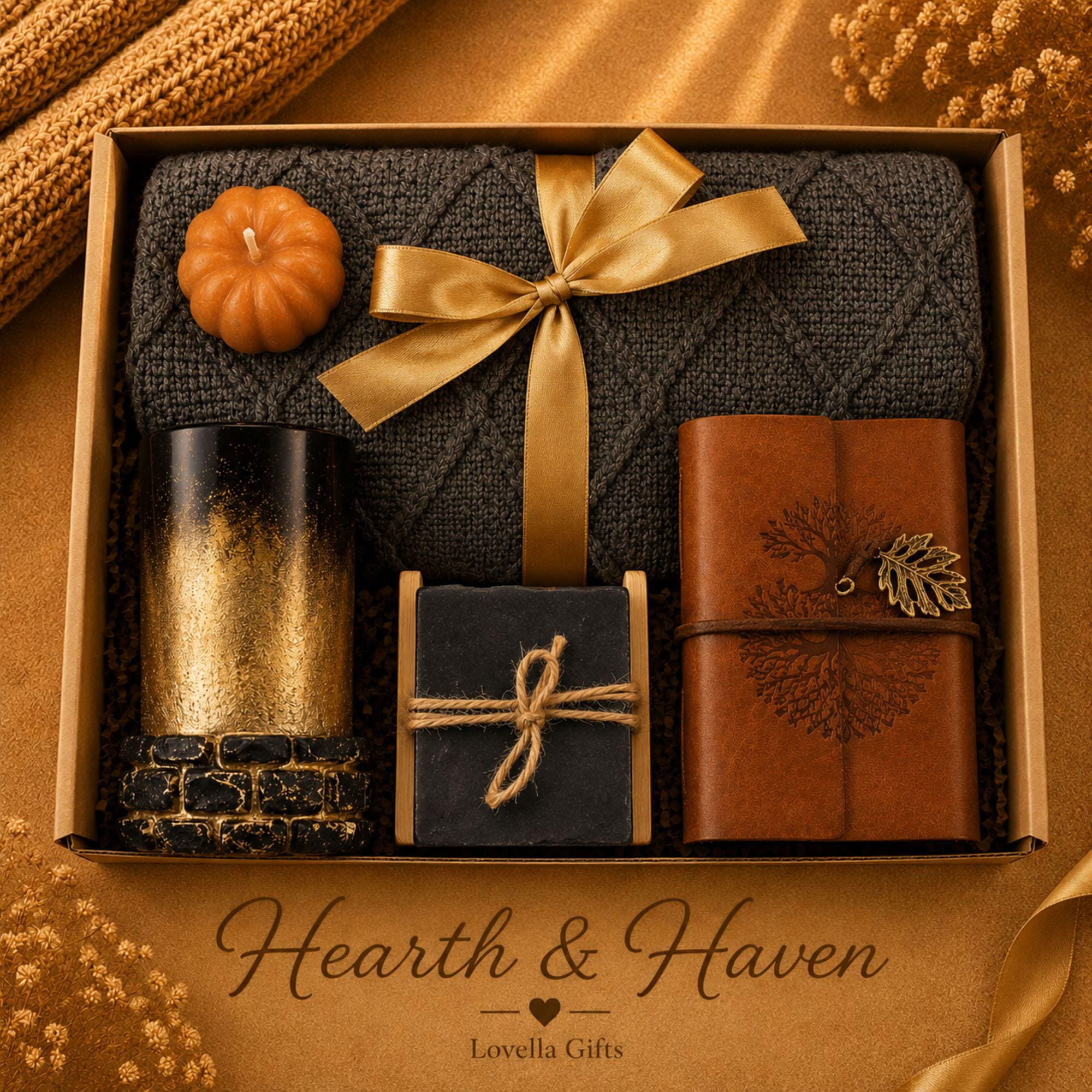 Thanksgiving gift box for women featuring a cozy knit blanket, handmade pumpkin soy candle, ceramic mug, artisan soap, decorative glass match bottle, plush teddy bear and cozy autumn socks in boutique gift packaging. Thanksgiving hostess gift basket perfect for hostess appreciation, thank you gifts, fall care packages, cozy blanket gifts, autumn self care, holiday gatherings, and seasonal gifts for mom, grandma, sister, friend, teacher or coworker.