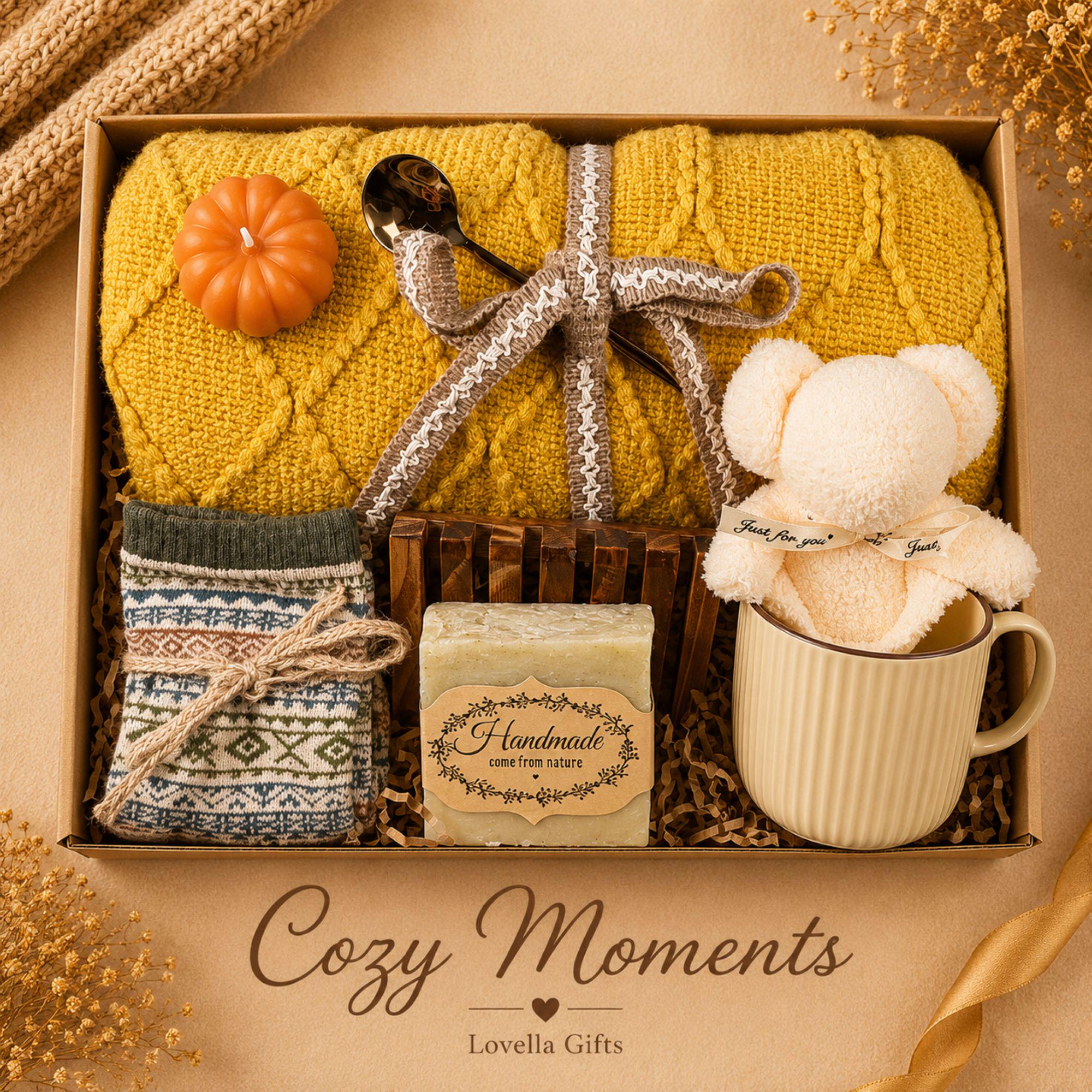Thanksgiving gift box for women featuring a cozy knit blanket, handmade pumpkin soy candle, ceramic mug, artisan soap, decorative glass match bottle, plush teddy bear and cozy autumn socks in boutique gift packaging. Thanksgiving hostess gift basket perfect for hostess appreciation, thank you gifts, fall care packages, cozy blanket gifts, autumn self care, holiday gatherings, and seasonal gifts for mom, grandma, sister, friend, teacher or coworker.