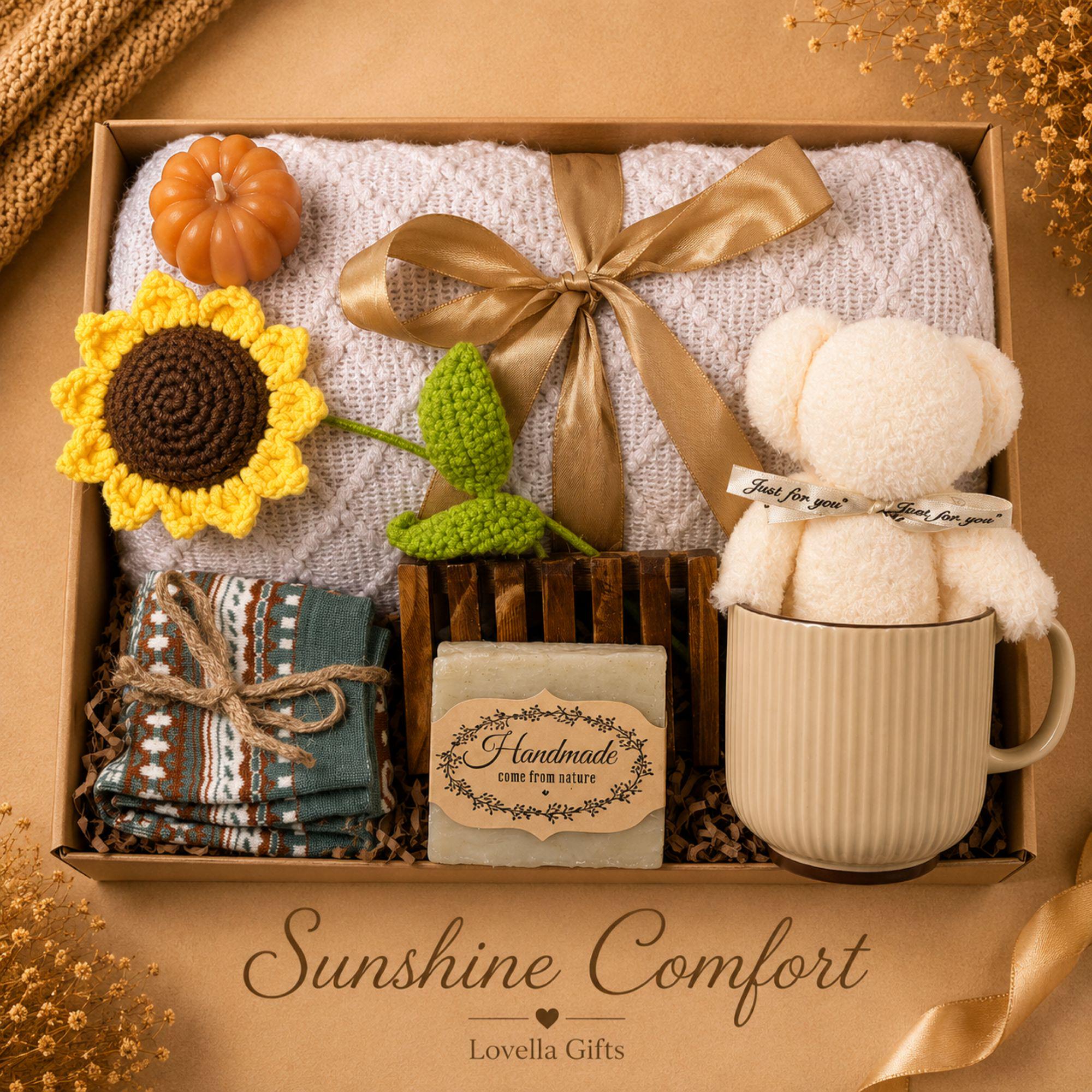 Thanksgiving gift box for women featuring a cozy knit blanket, handmade pumpkin soy candle, ceramic mug, artisan soap, decorative glass match bottle, plush teddy bear and cozy autumn socks in boutique gift packaging. Thanksgiving hostess gift basket perfect for hostess appreciation, thank you gifts, fall care packages, cozy blanket gifts, autumn self care, holiday gatherings, and seasonal gifts for mom, grandma, sister, friend, teacher or coworker.