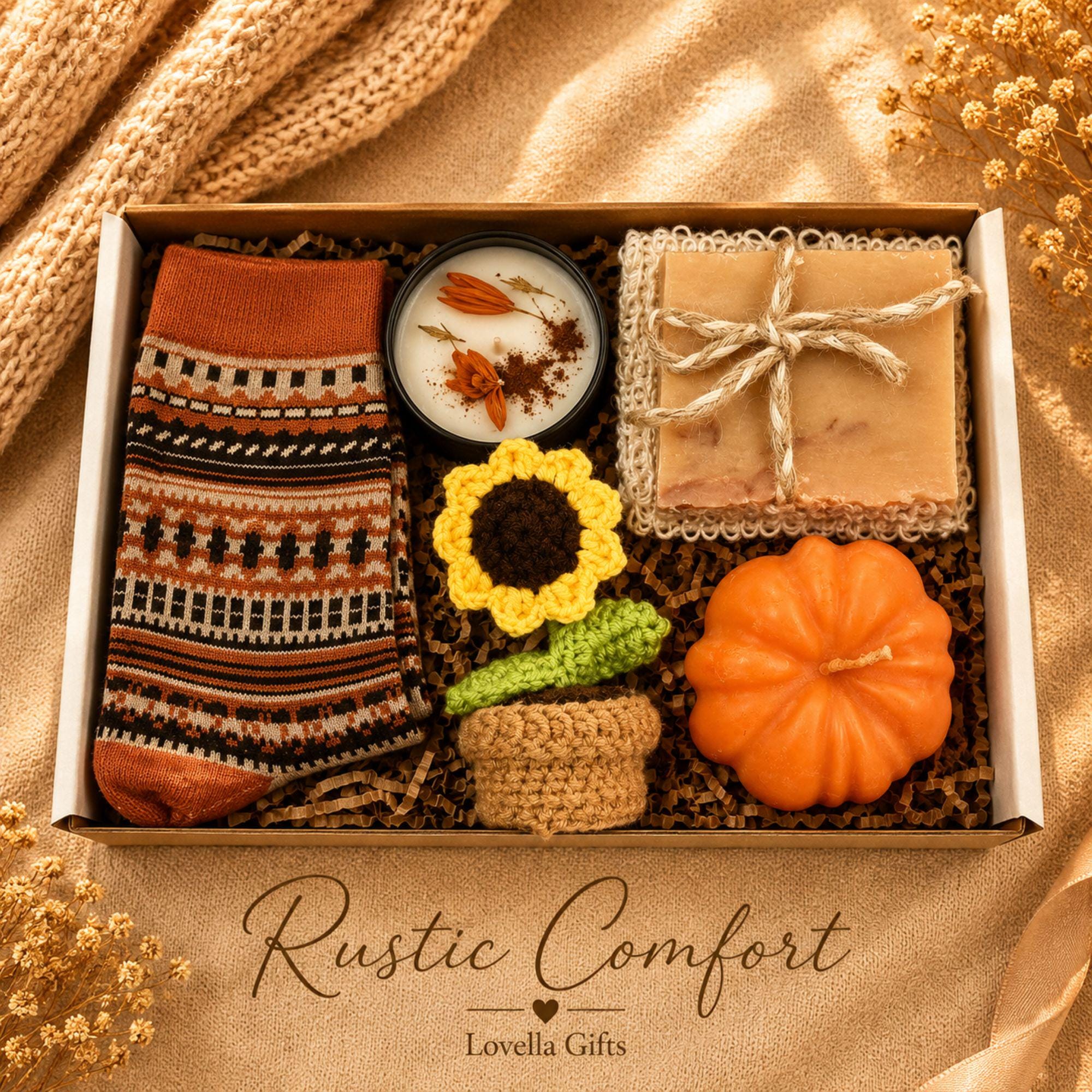 Employee thank you gift featuring handmade artisan soap, pumpkin soy candle, botanical wax sachet and crochet sunflower beautifully packaged in a luxury business gift box. Client appreciation gift box perfect for corporate thank you gifts, office gifts, staff appreciation gifts, employee recognition, coworker gifts, realtor closing gifts, team appreciation, business thank you gifts and professional client gifts. Handmade in Florida and ready to gift.