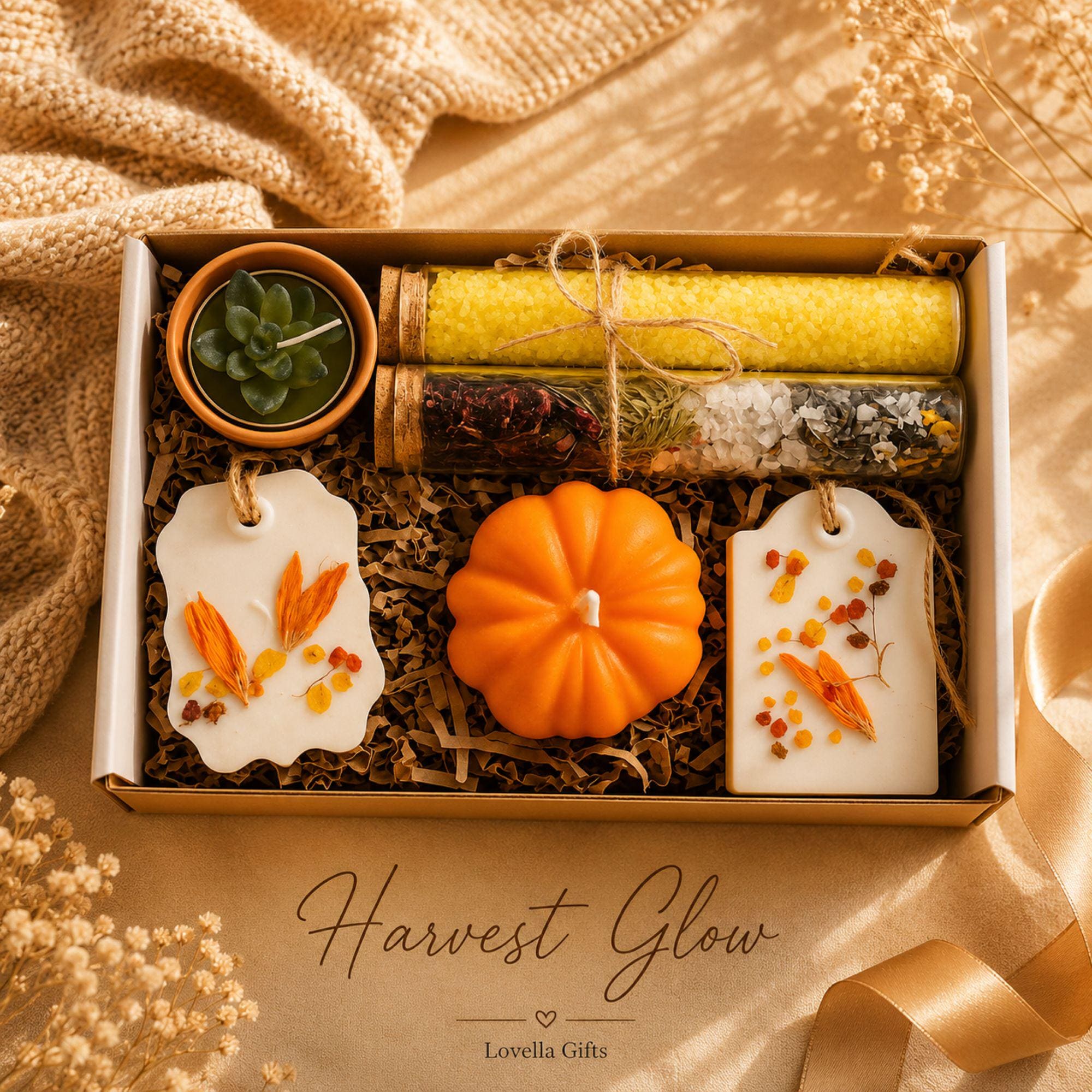 Employee thank you gift featuring handmade artisan soap, pumpkin soy candle, botanical wax sachet and crochet sunflower beautifully packaged in a luxury business gift box. Client appreciation gift box perfect for corporate thank you gifts, office gifts, staff appreciation gifts, employee recognition, coworker gifts, realtor closing gifts, team appreciation, business thank you gifts and professional client gifts. Handmade in Florida and ready to gift.