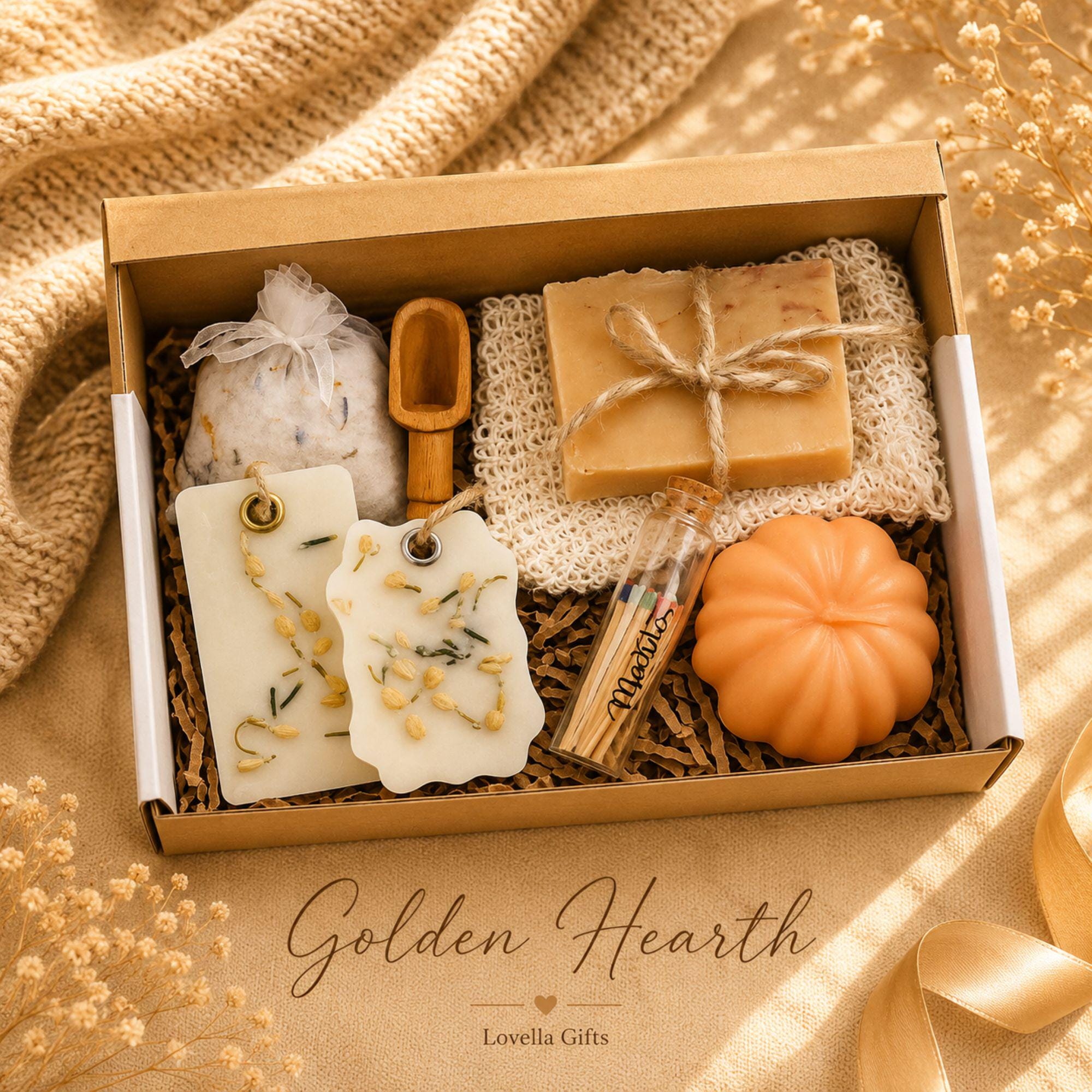 Employee thank you gift featuring handmade artisan soap, pumpkin soy candle, botanical wax sachet and crochet sunflower beautifully packaged in a luxury business gift box. Client appreciation gift box perfect for corporate thank you gifts, office gifts, staff appreciation gifts, employee recognition, coworker gifts, realtor closing gifts, team appreciation, business thank you gifts and professional client gifts. Handmade in Florida and ready to gift.