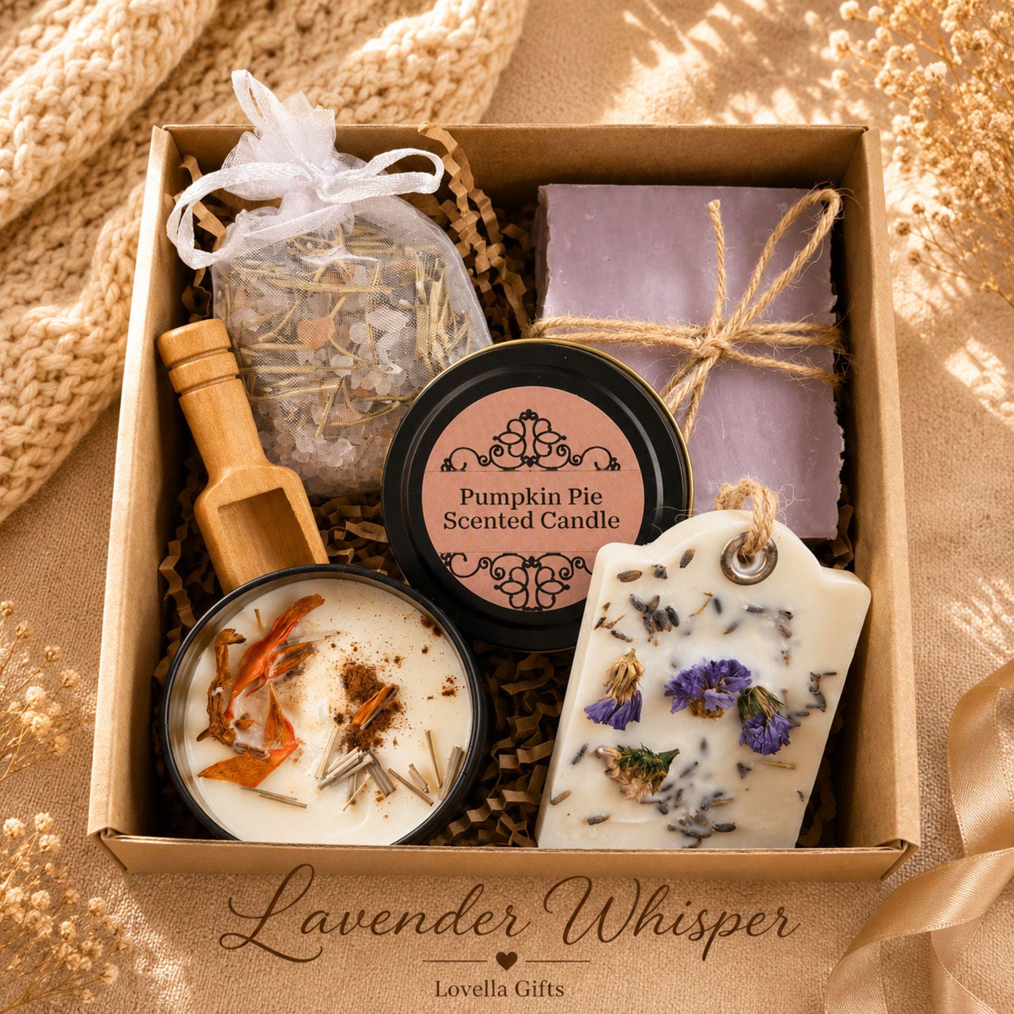 Employee thank you gift featuring handmade artisan soap, pumpkin soy candle, botanical wax sachet and crochet sunflower beautifully packaged in a luxury business gift box. Client appreciation gift box perfect for corporate thank you gifts, office gifts, staff appreciation gifts, employee recognition, coworker gifts, realtor closing gifts, team appreciation, business thank you gifts and professional client gifts. Handmade in Florida and ready to gift.