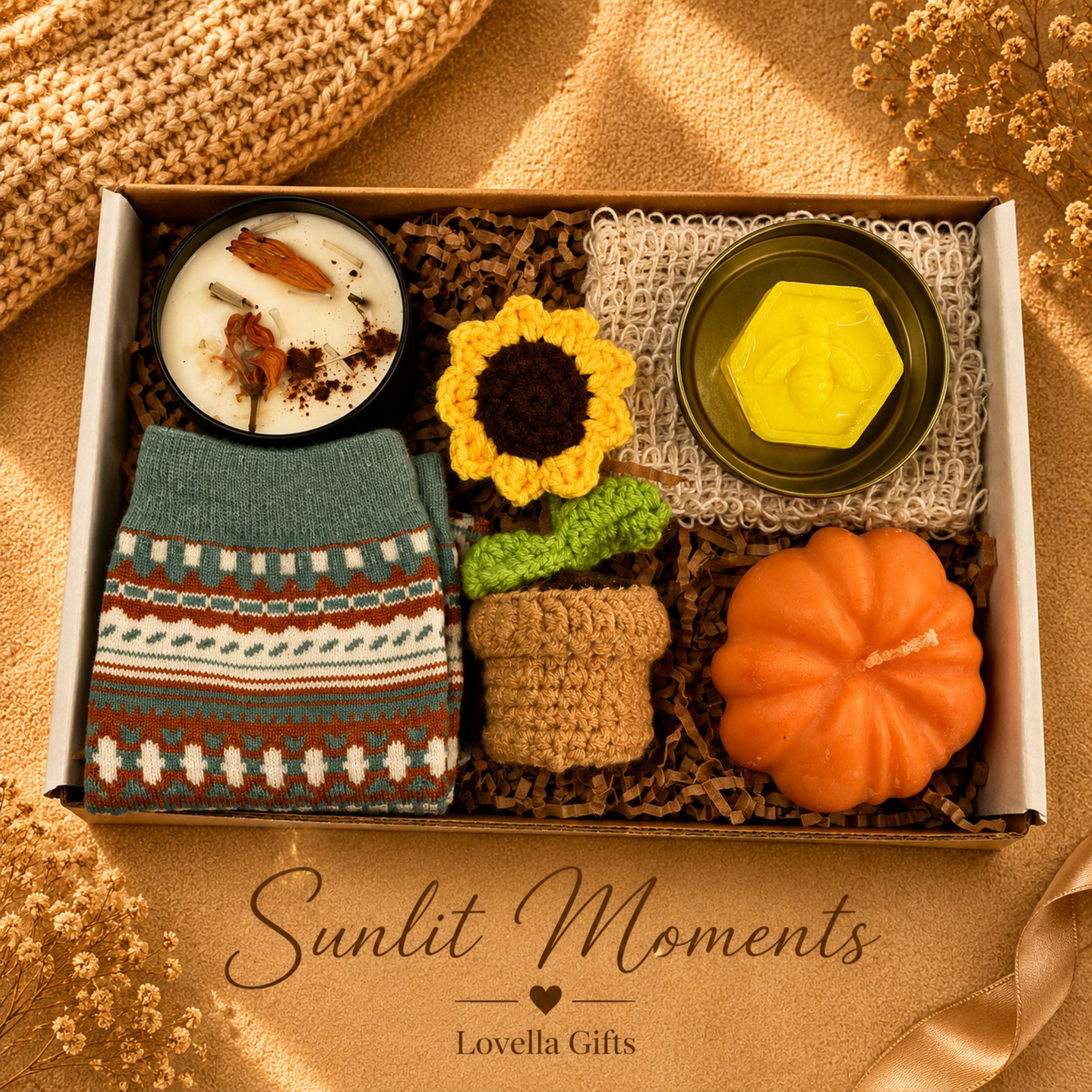 Employee thank you gift featuring handmade artisan soap, pumpkin soy candle, botanical wax sachet and crochet sunflower beautifully packaged in a luxury business gift box. Client appreciation gift box perfect for corporate thank you gifts, office gifts, staff appreciation gifts, employee recognition, coworker gifts, realtor closing gifts, team appreciation, business thank you gifts and professional client gifts. Handmade in Florida and ready to gift.