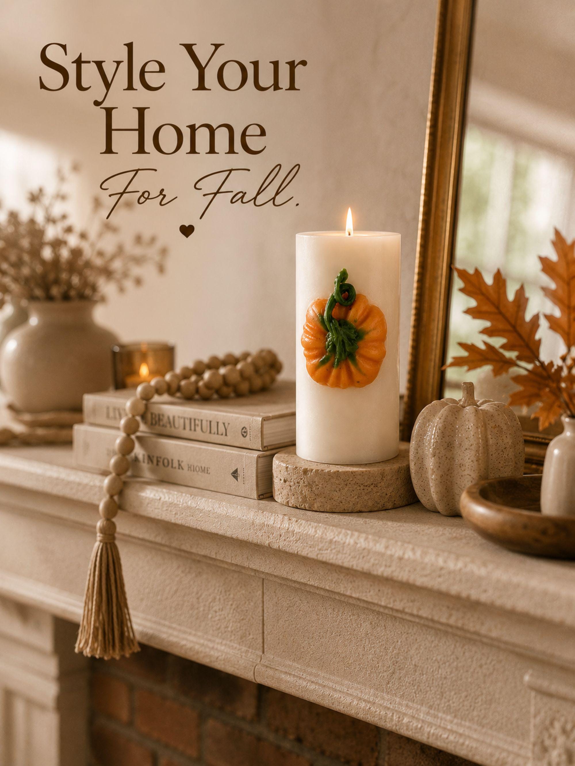 Pumpkin Candle fall soy wax pillar candle for autumn home decor, Thanksgiving table styling, harvest decor, and cozy seasonal gifts.
